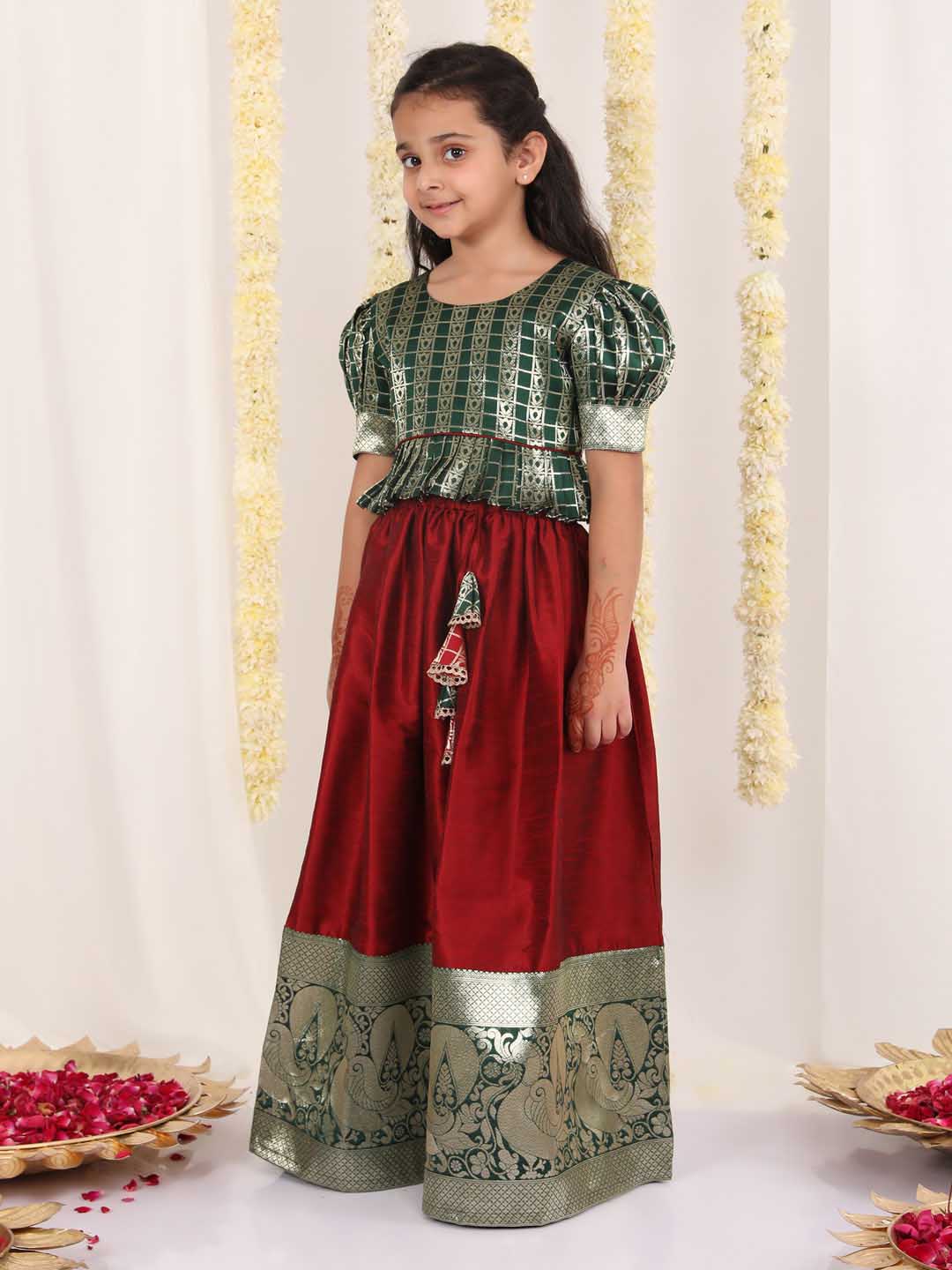 Vastramay Girl's Green And Maroon Pavda Pattu Lehenga Choli Set - qivii