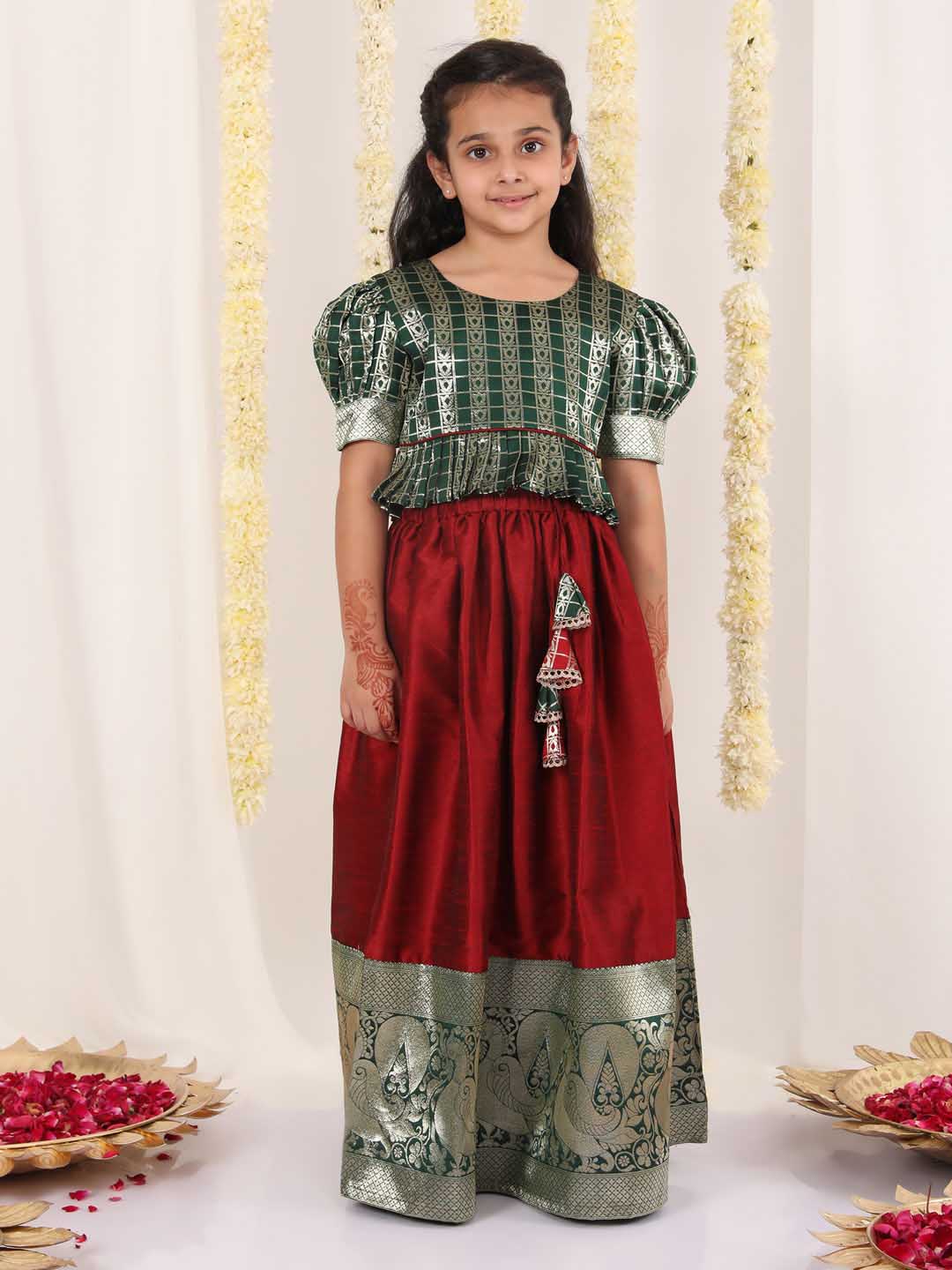 Vastramay Girl's Green And Maroon Pavda Pattu Lehenga Choli Set - qivii