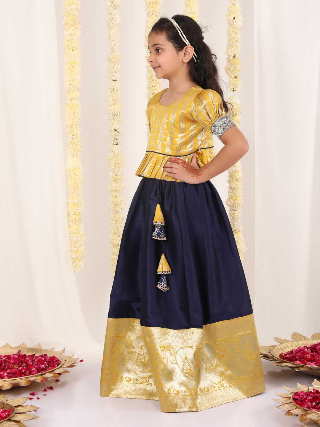 Vastramay Girl's Yellow And Blue Pavda Pattu Lehenga Choli Set - qivii