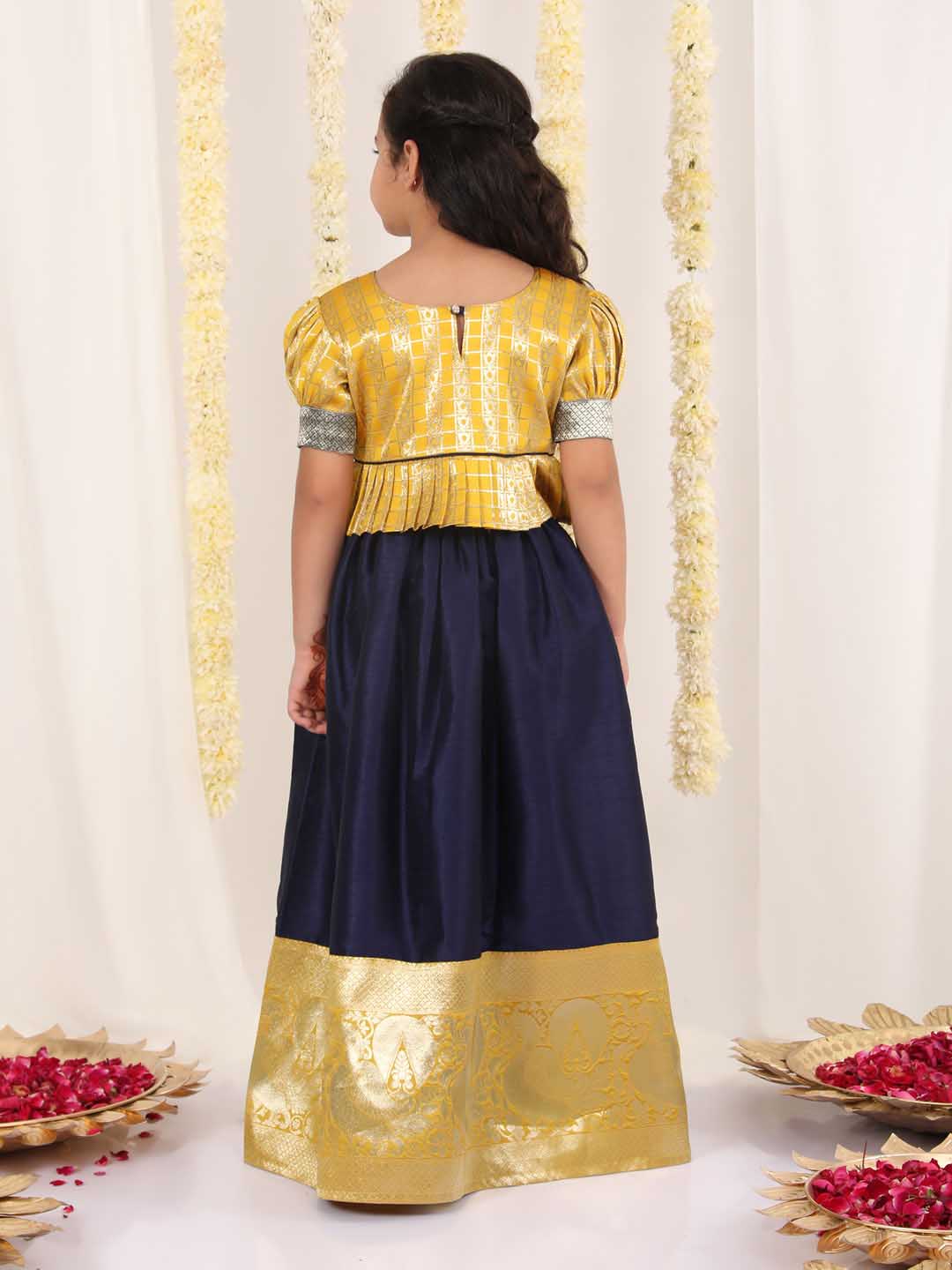 Vastramay Girl's Yellow And Blue Pavda Pattu Lehenga Choli Set - qivii