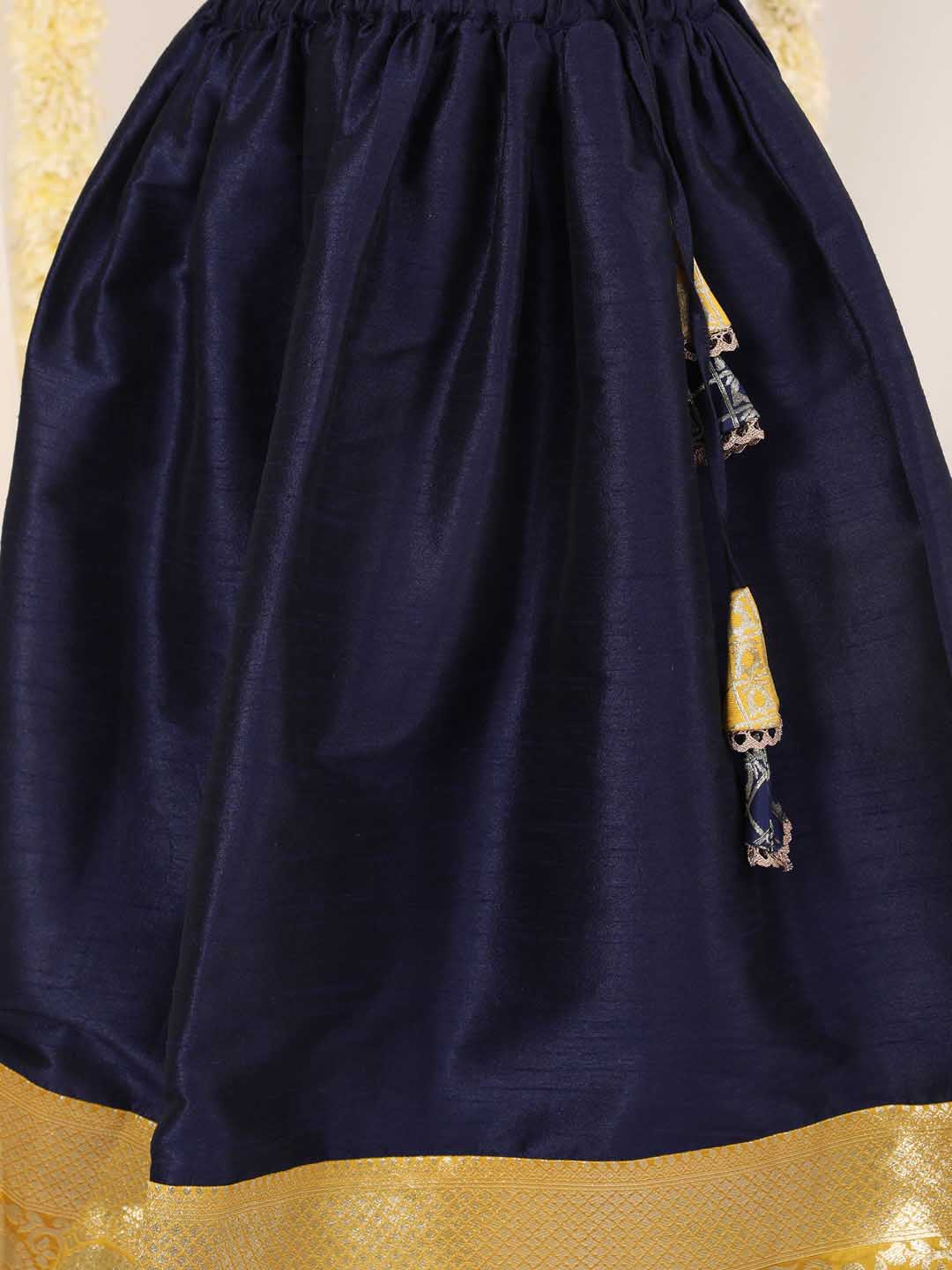 Vastramay Girl's Yellow And Blue Pavda Pattu Lehenga Choli Set - qivii