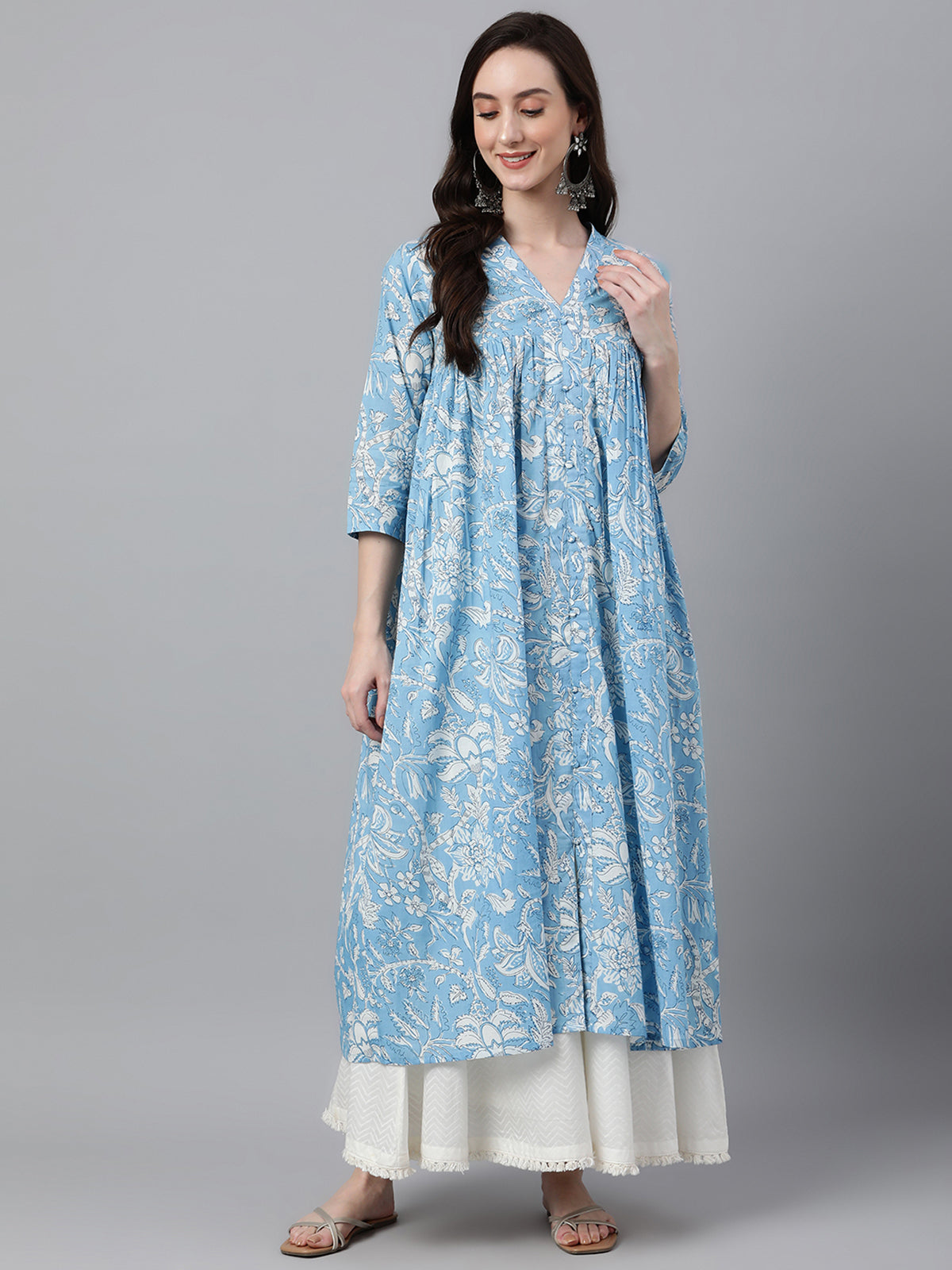 Sky Blue Cotton Floral Print Flared Kurta - qivii