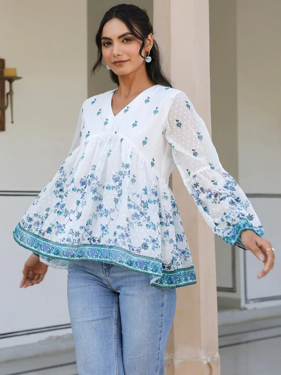 White Georgette Digital Print Flared Top