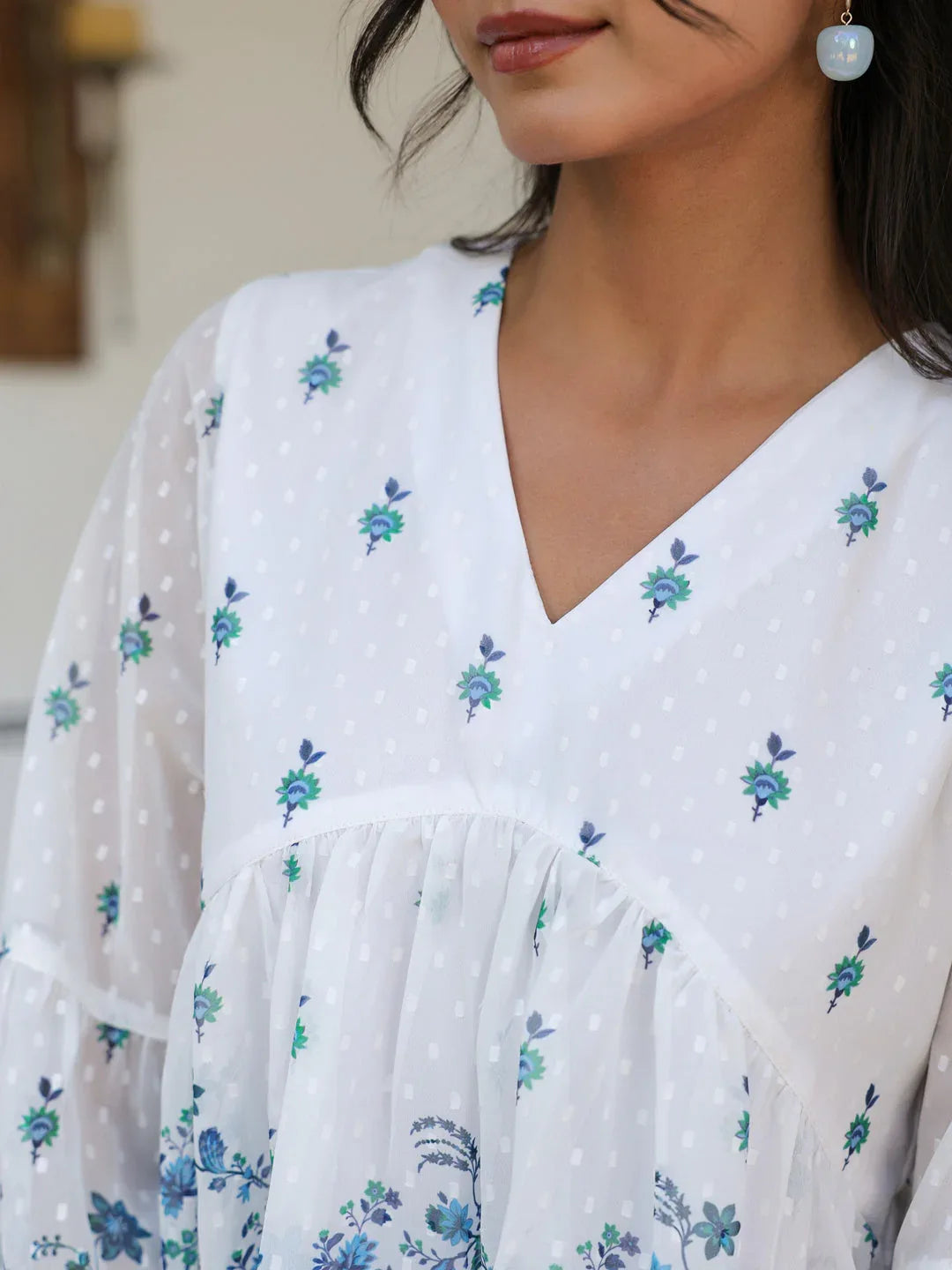 White Georgette Digital Print Flared Top