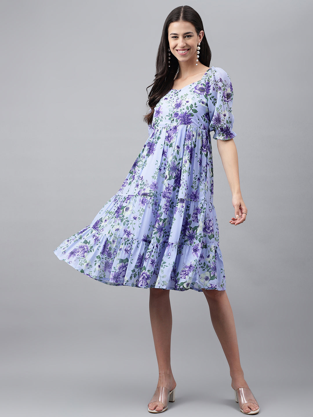 Lavender Georgette Floral Printed Tiered Dress - qivii
