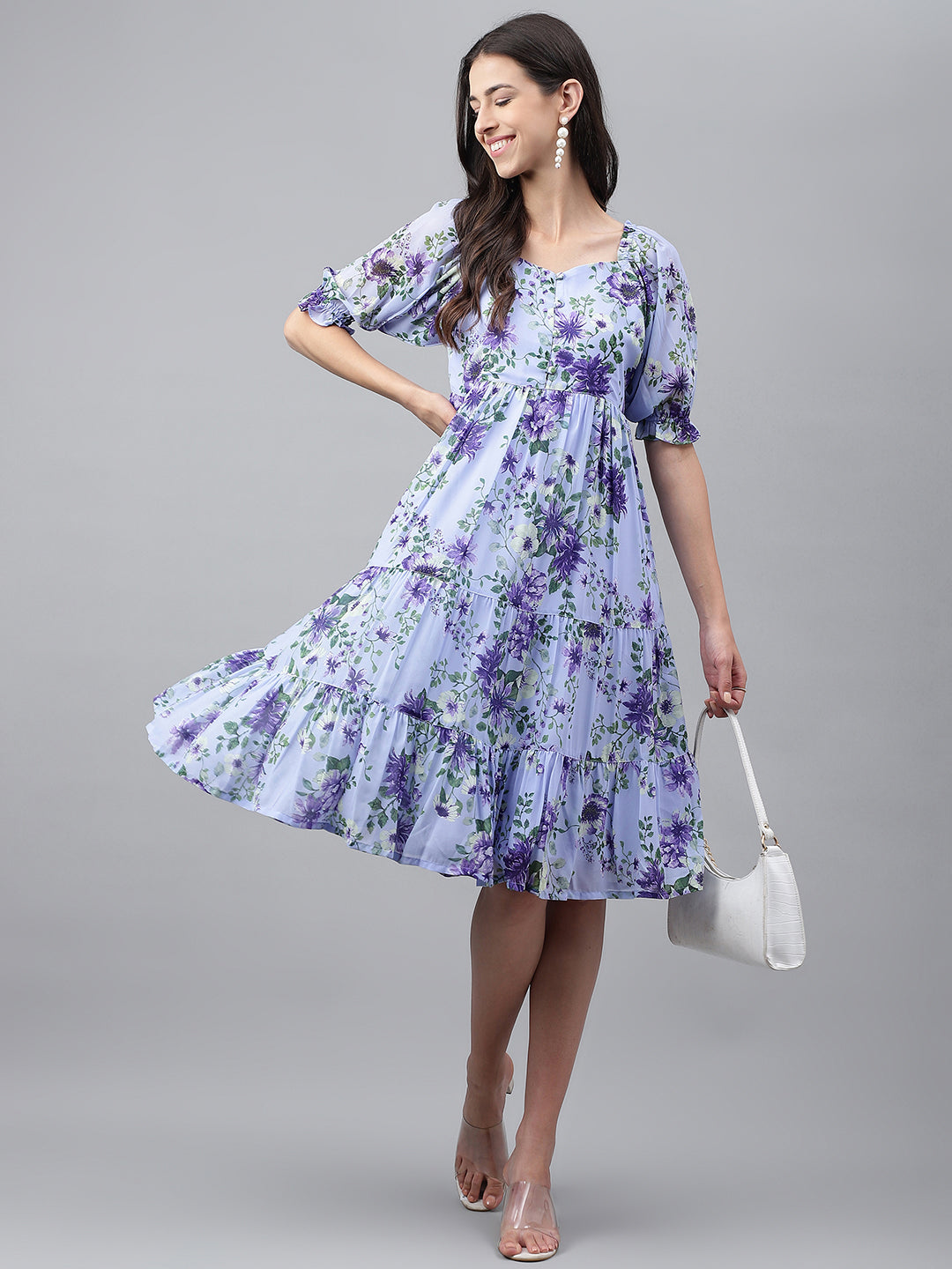 Lavender Georgette Floral Printed Tiered Dress - qivii