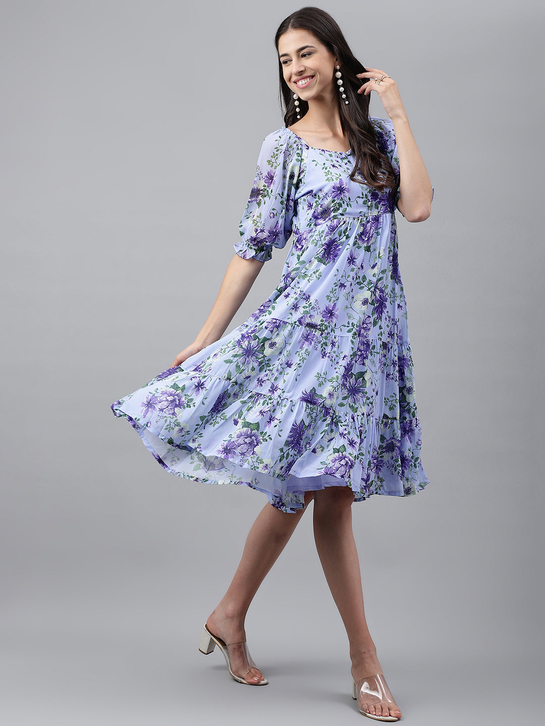 Lavender Georgette Floral Printed Tiered Dress - qivii