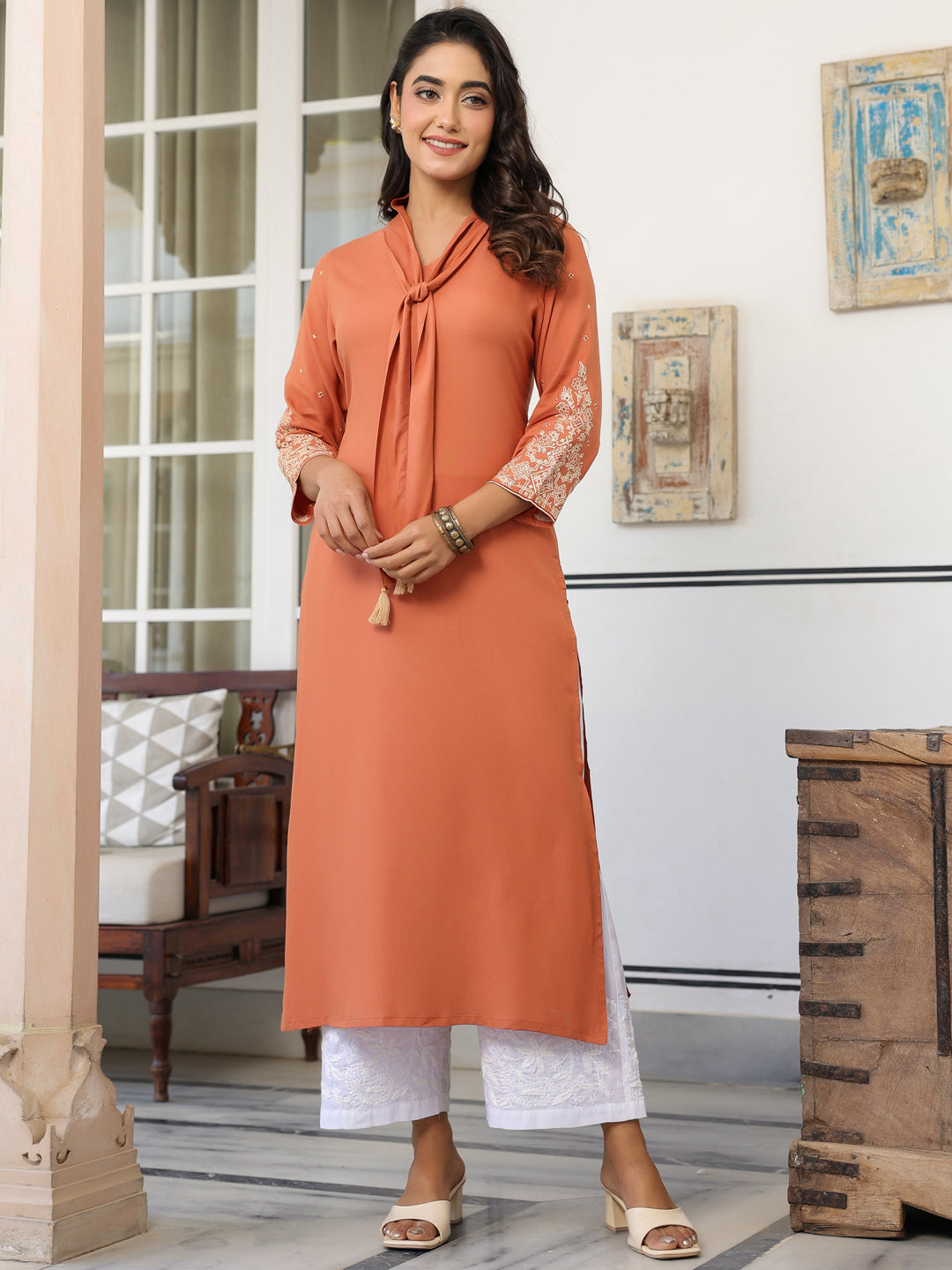 Peach Rayon Solid Straight Kurta - qivii