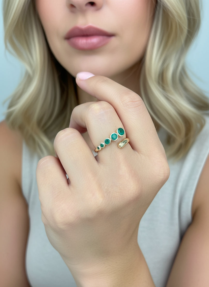 JPRG-3480/8893 Emerald Round Bezel Set East West Ring
