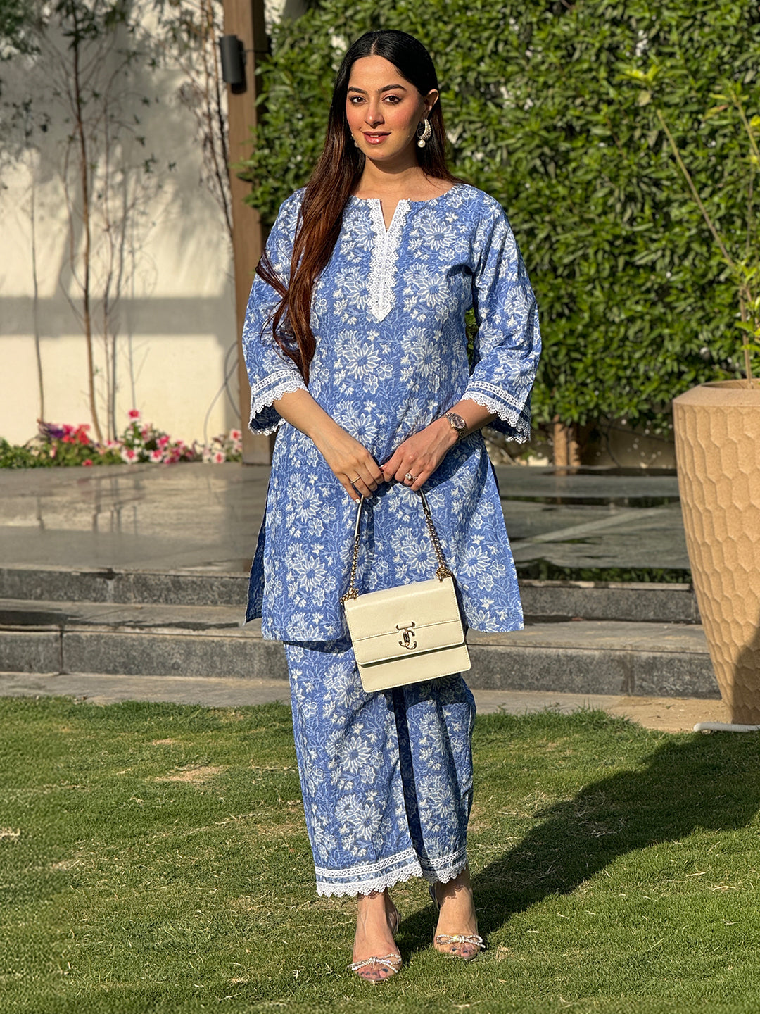 Blue Pure Cotton Floral Printed Straight Co-ord Set - qivii