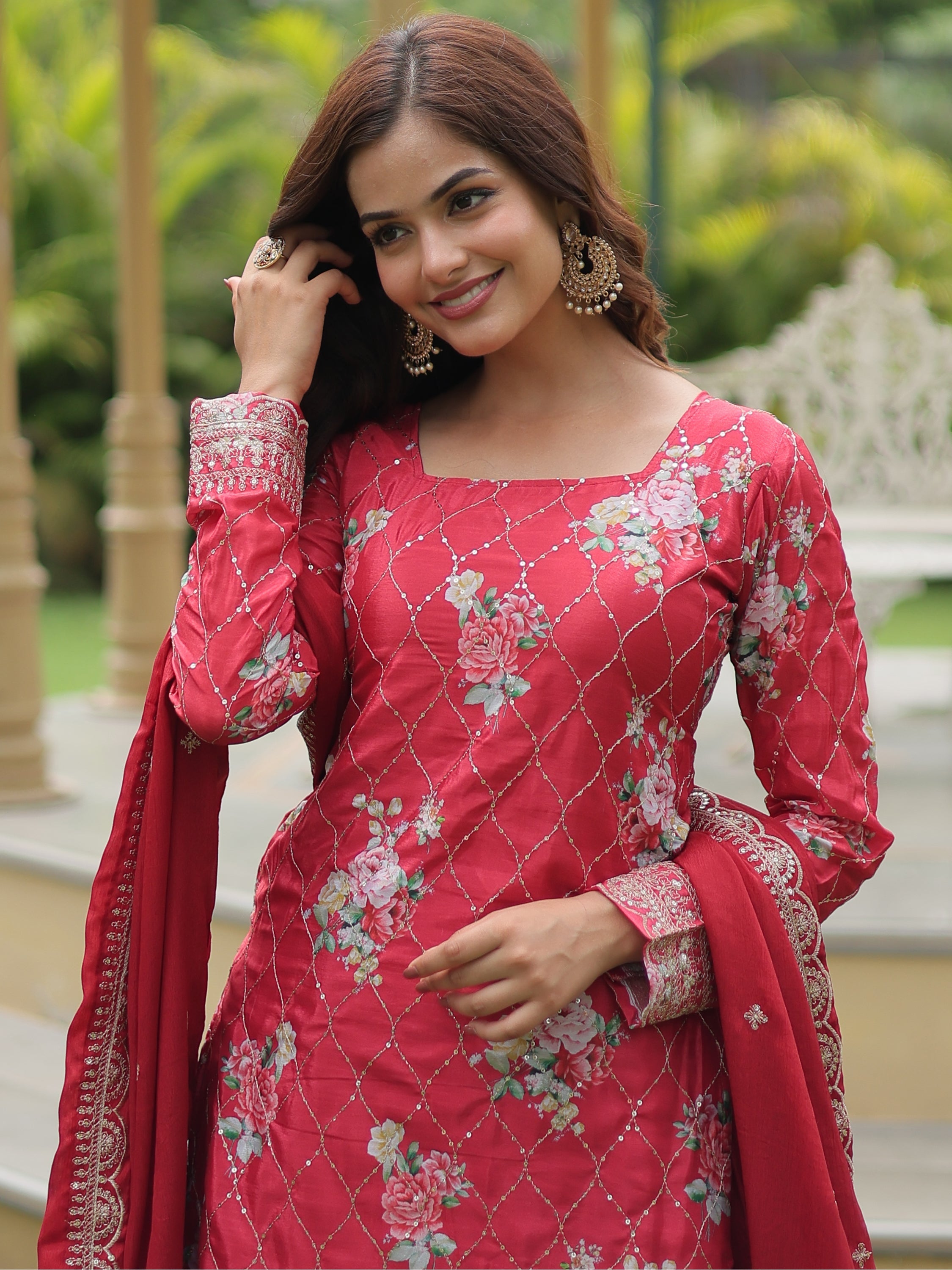 Gorgeous Maroon Sequins Chinon Festival Wear Palazzo Suit for Women