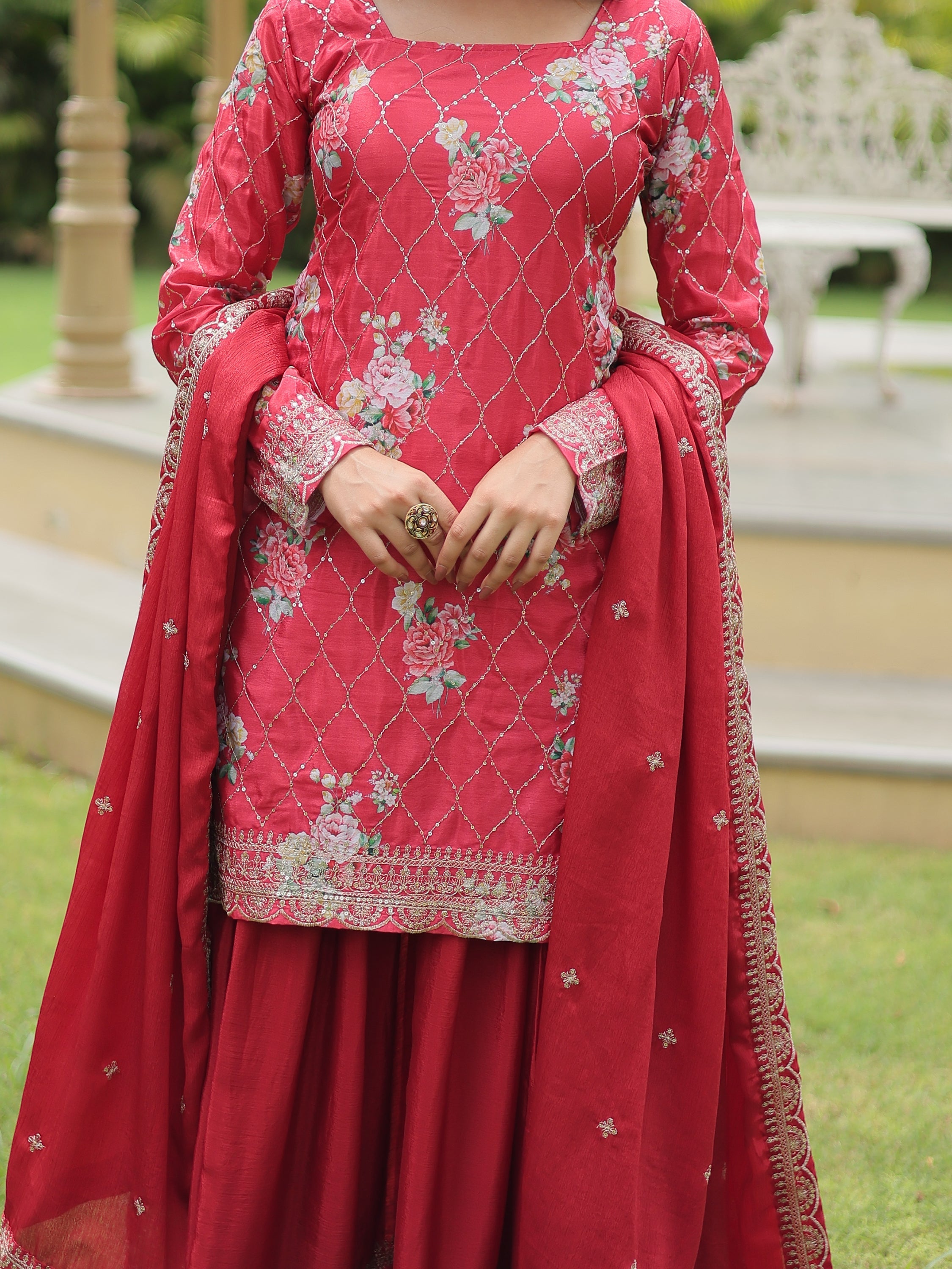 Incredible Maroon Sequins Chinon Festival Wear Palazzo Suit with elegant design and intricate details