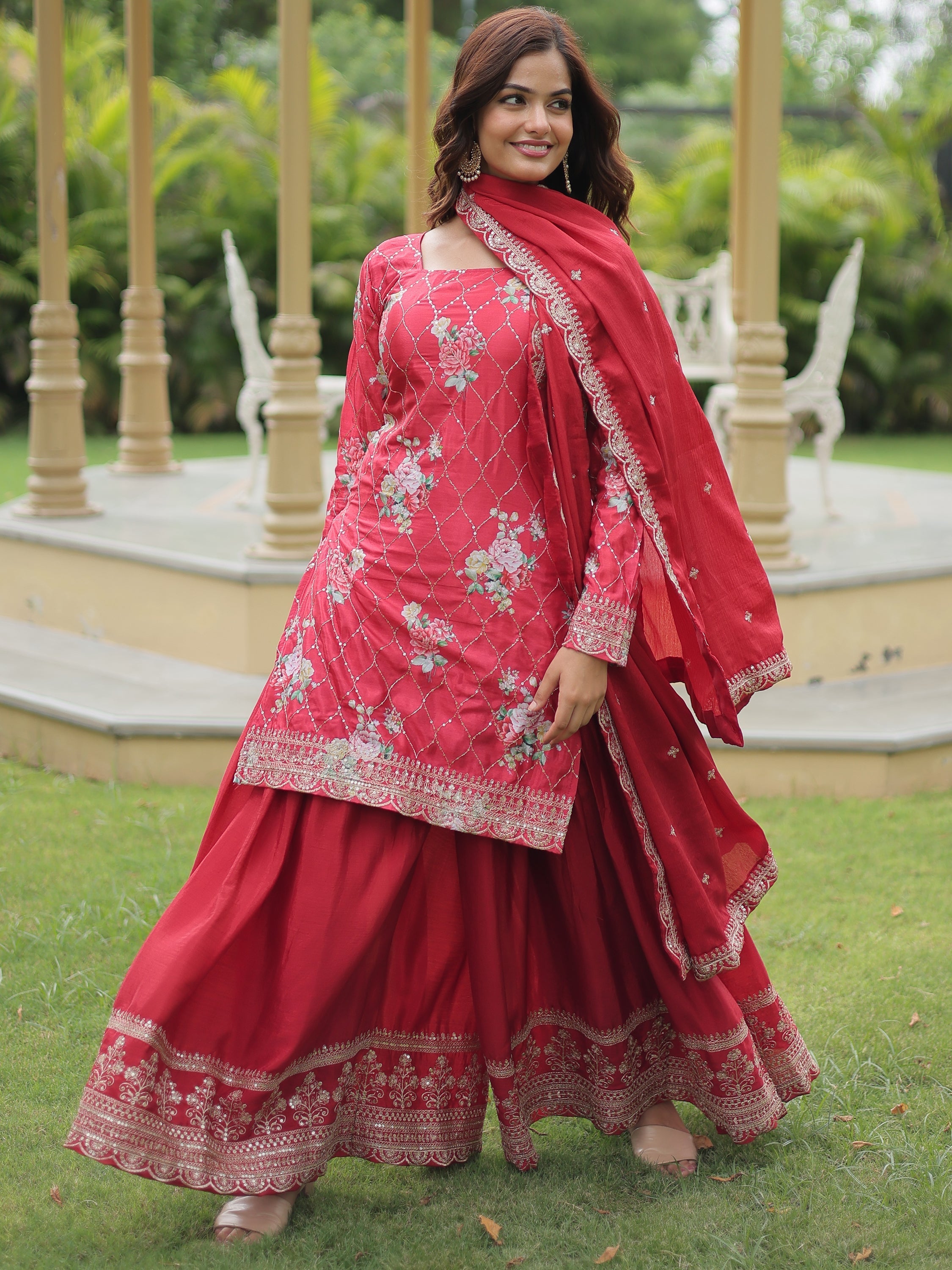 Elegant maroon sequins chinon festival wear palazzo suit with intricate design