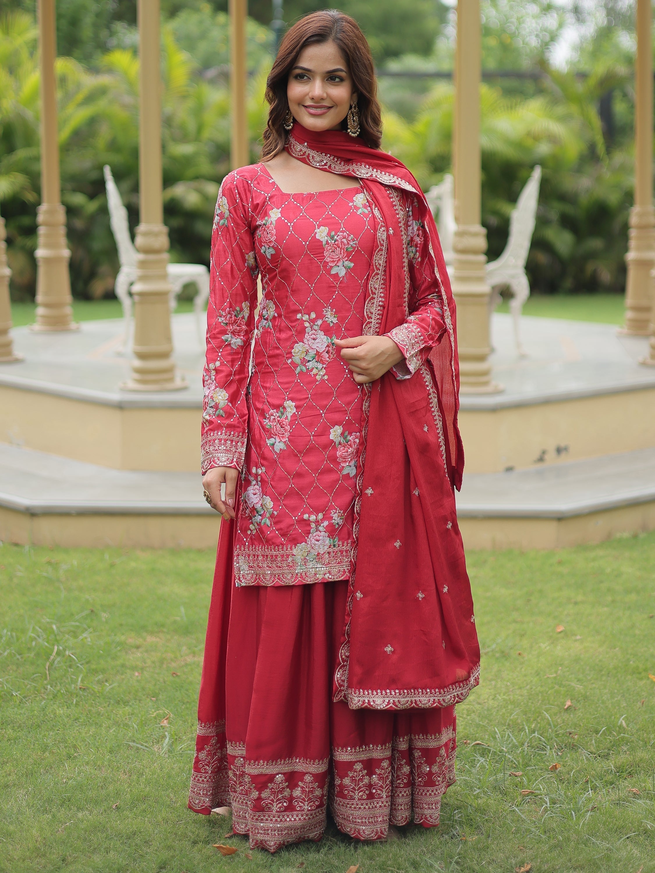Incredible Maroon Sequins Chinon Festival Wear Palazzo Suit with elegant design and exquisite craftsmanship