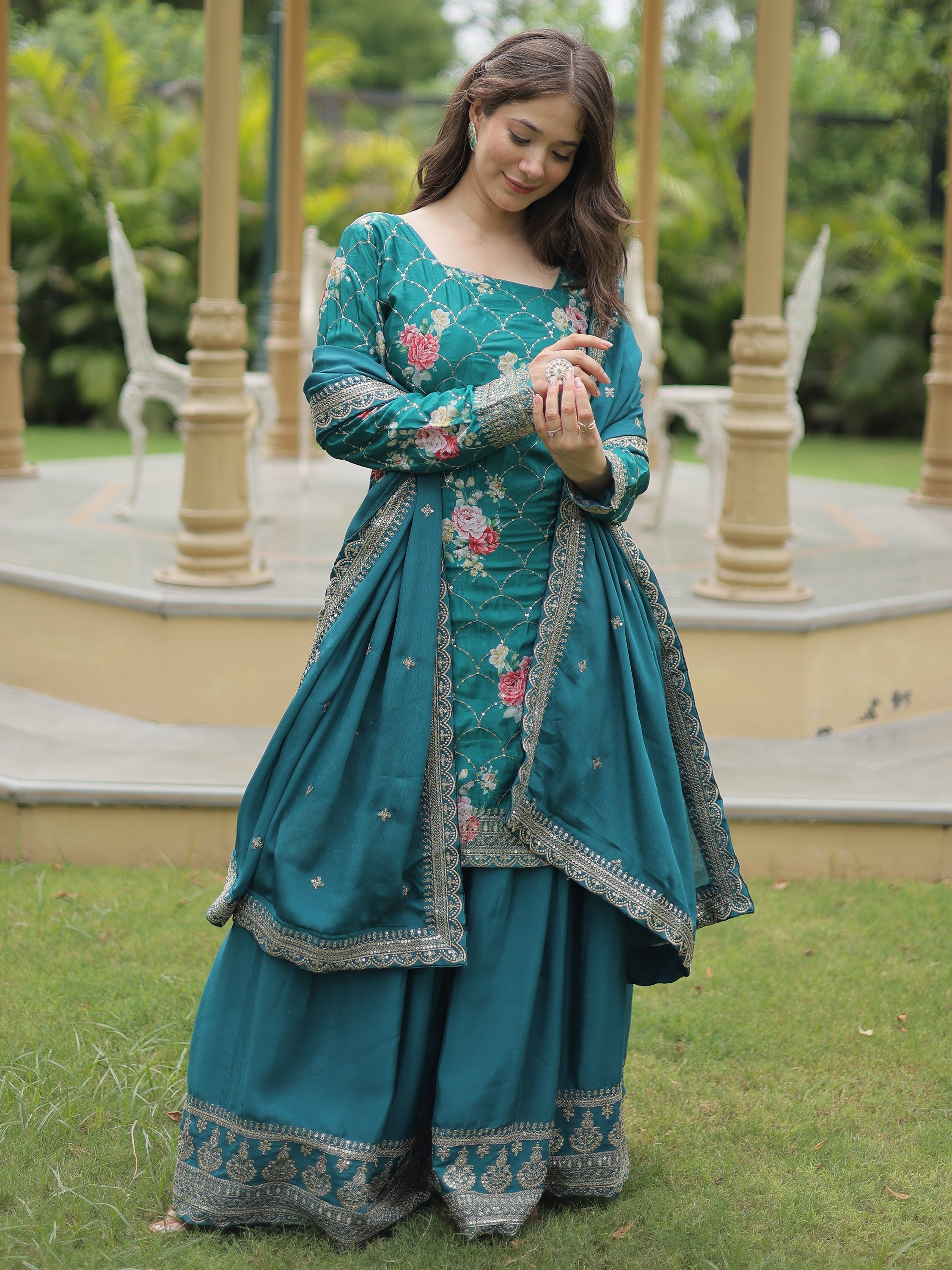Attractive teal blue sequins chinon palazzo suit with dupatta for women