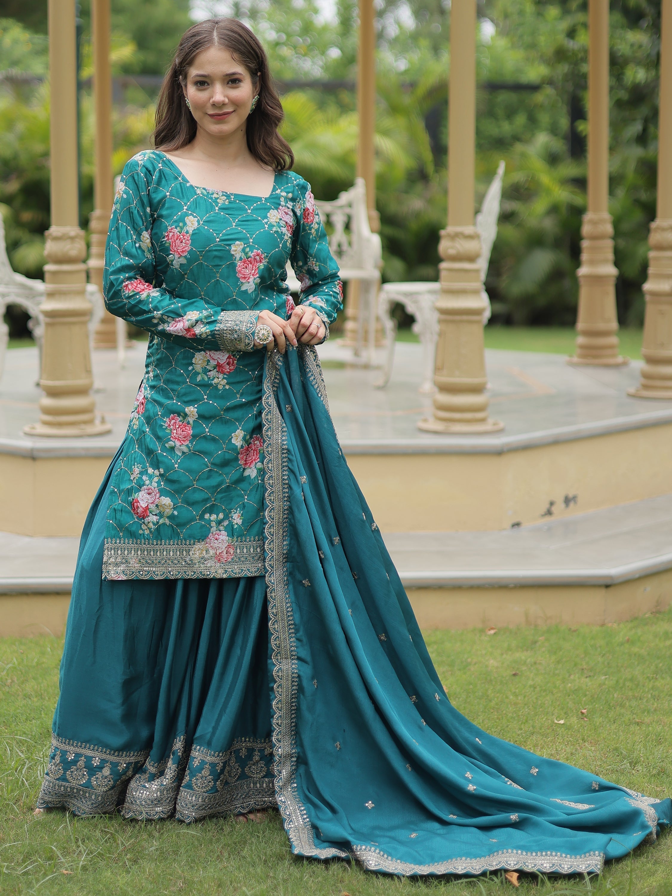 Attractive teal blue sequins chinon palazzo suit with dupatta for elegant occasions