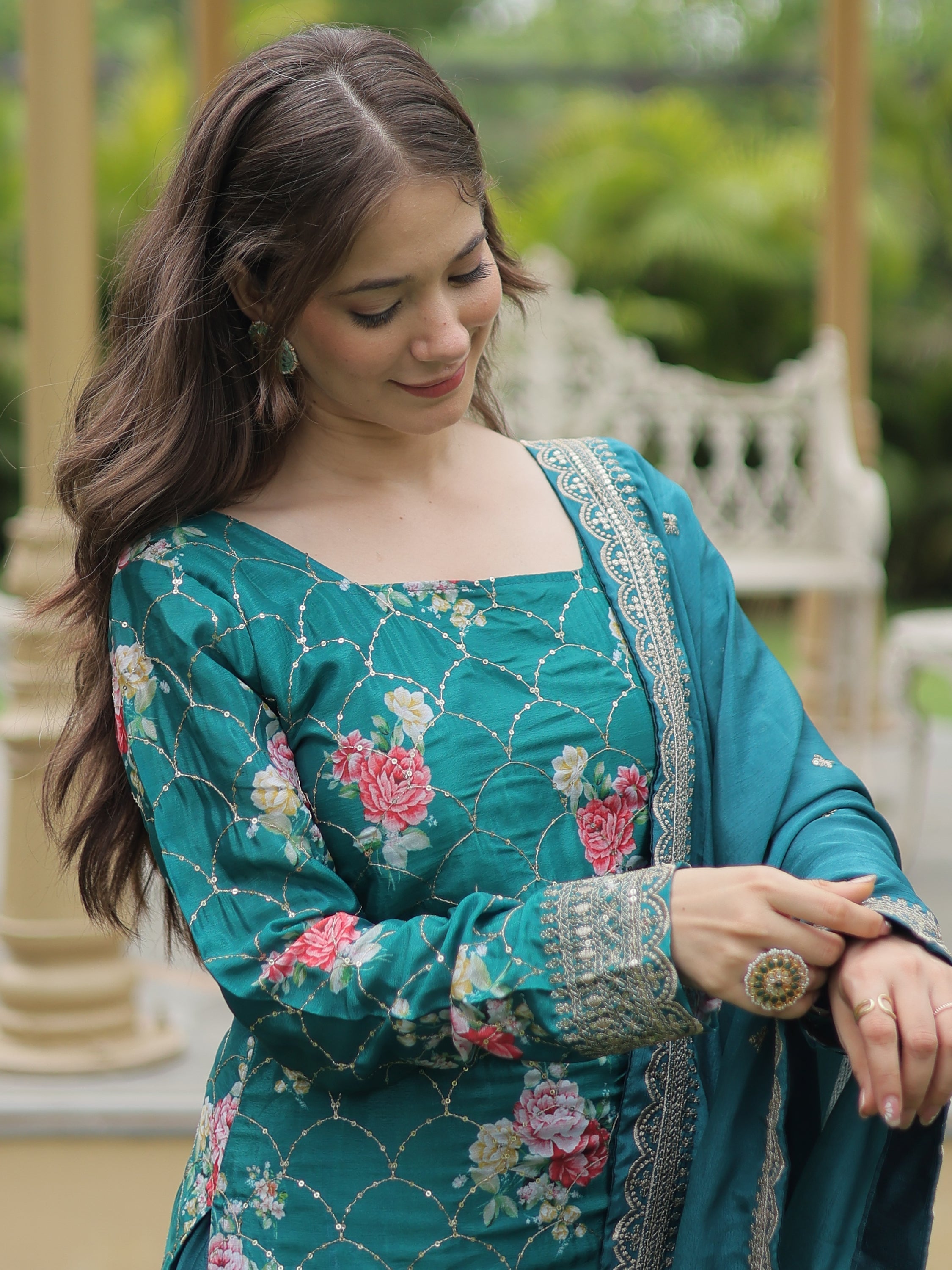 Teal blue sequins chinon palazzo suit with dupatta for women