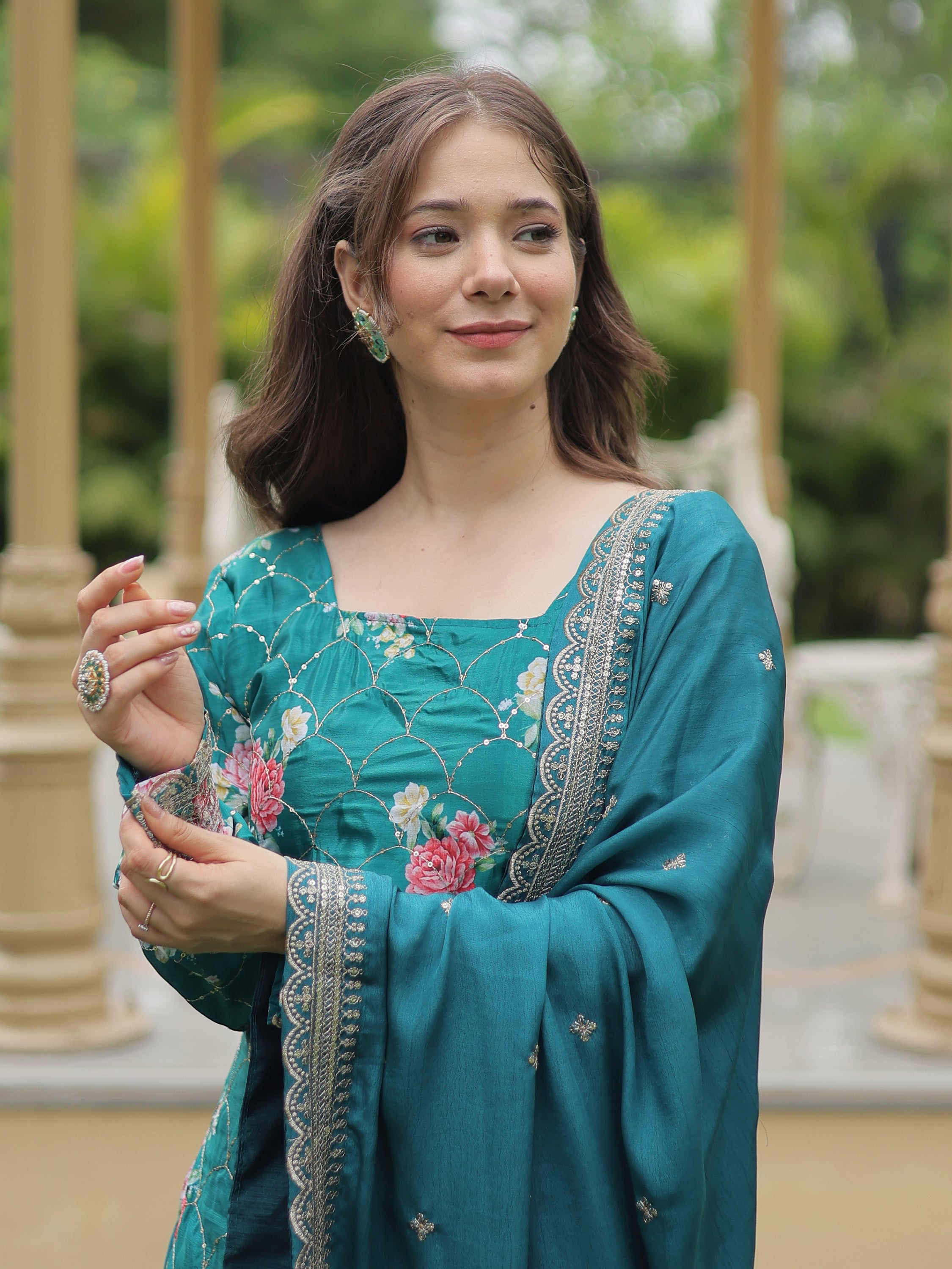 Attractive Teal Blue Sequins Chinon Palazzo Suit With Dupatta for women