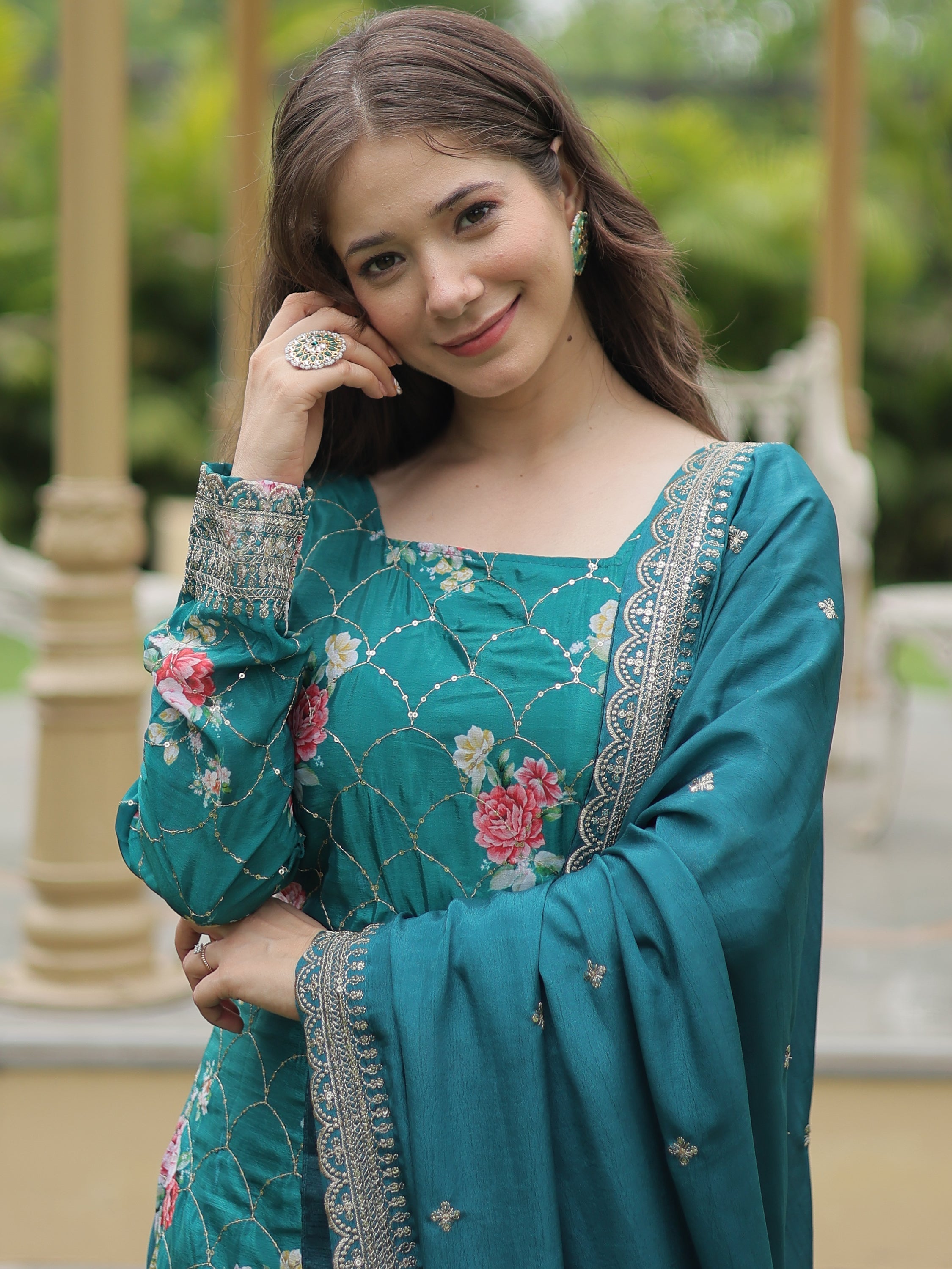 Attractive teal blue sequins chinon palazzo suit with dupatta for women