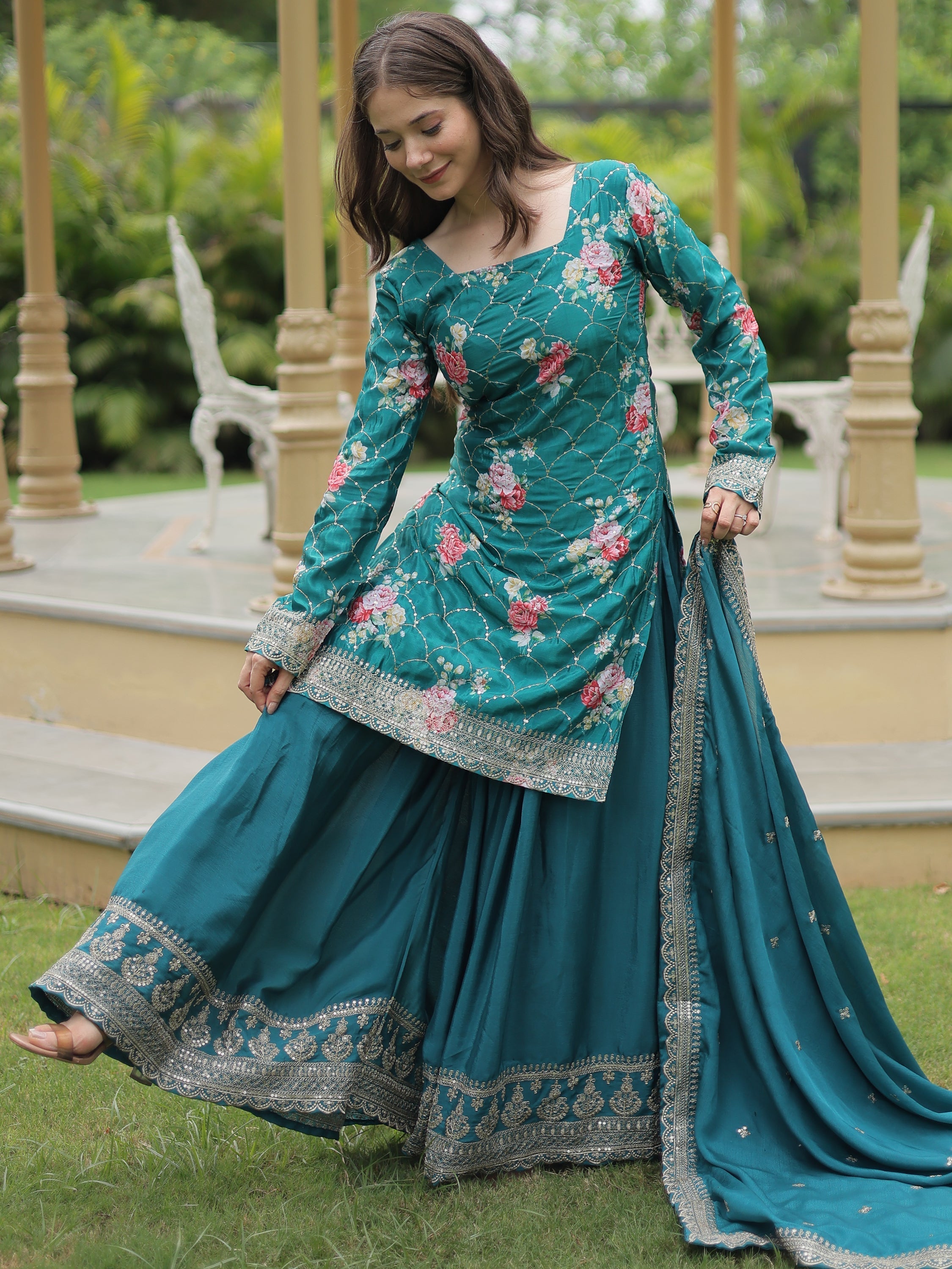 Attractive Teal Blue Sequins Chinon Palazzo Suit With Dupatta for Women