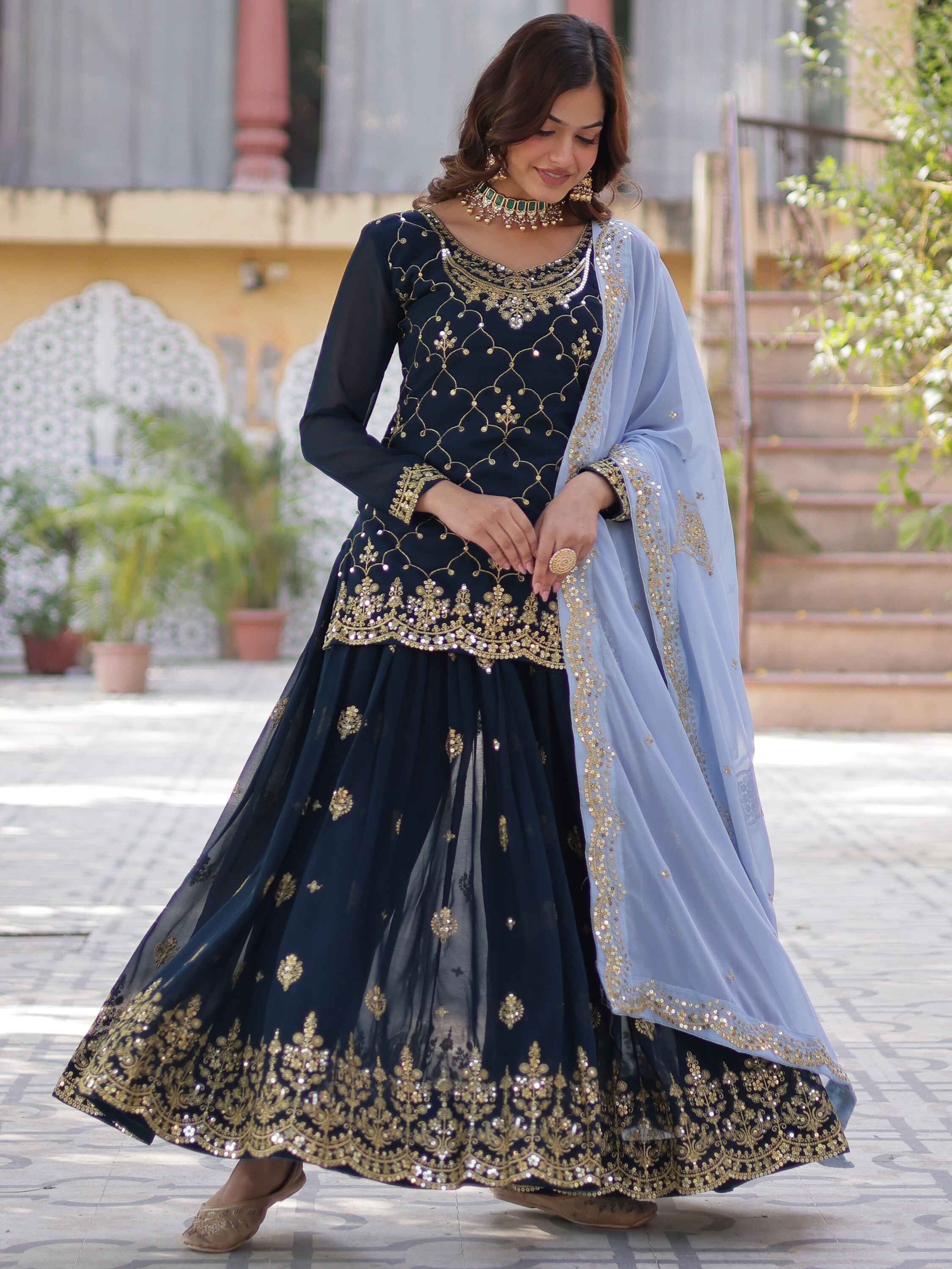 Luxurious faux blooming fabric kurti with intricate sequins embroidery