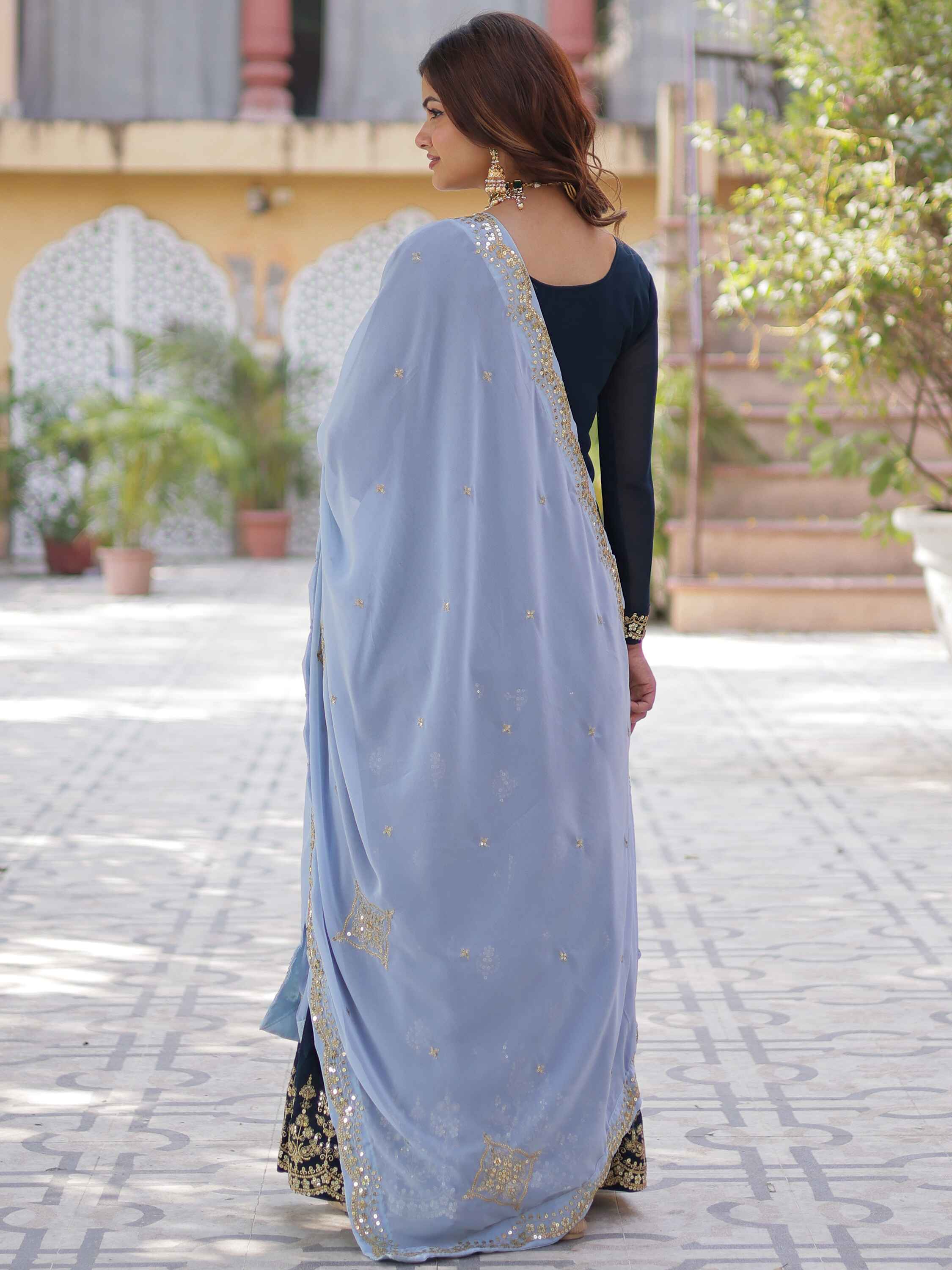 Ethereal dupatta drapes beautifully, adding glamour and charm