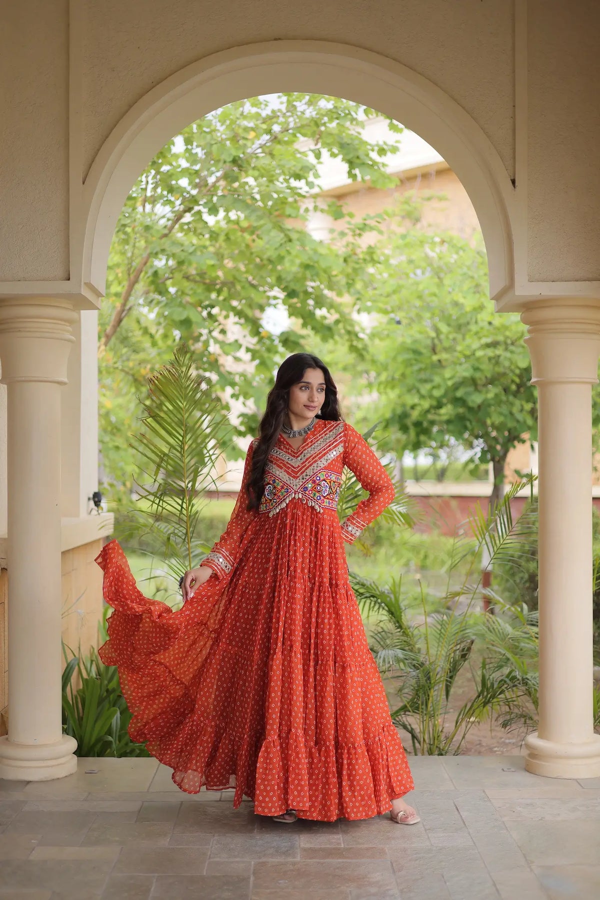 Orange Navratri Gown With Bandhani Print & Gamthi Patch Work