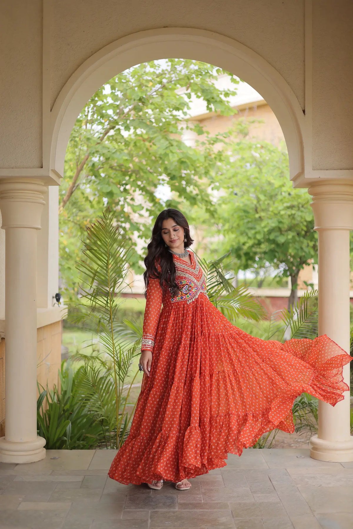 Orange Navratri Gown With Bandhani Print & Gamthi Patch Work
