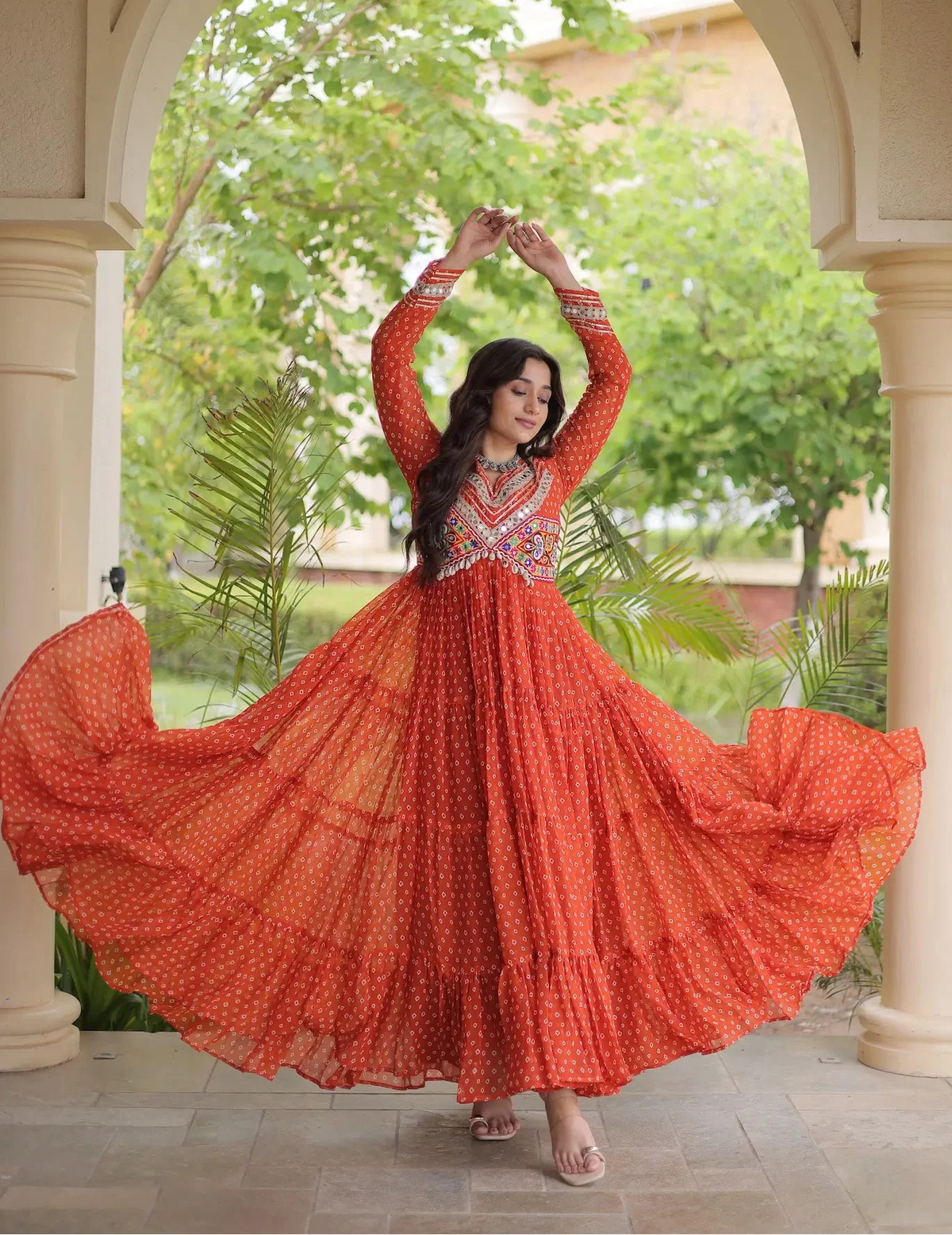 Orange Navratri Gown With Bandhani Print & Gamthi Patch Work