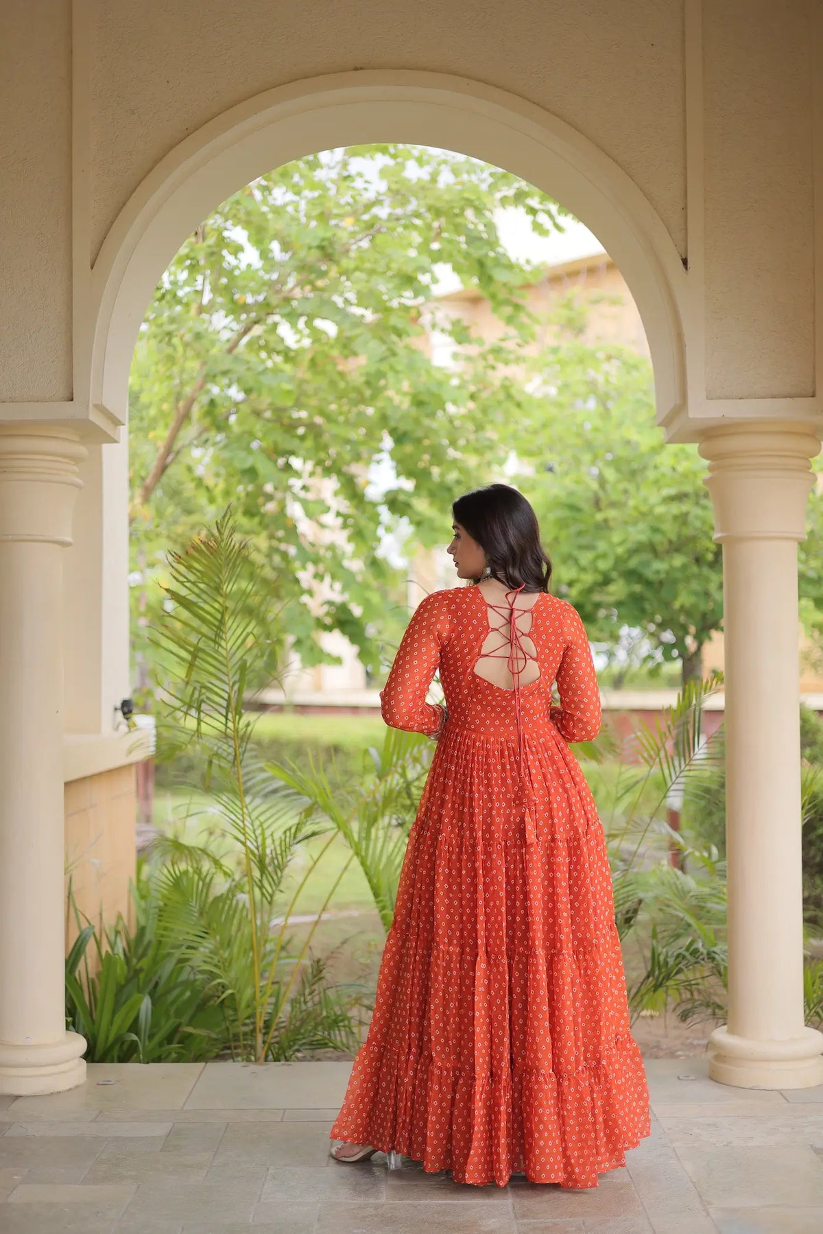 Orange Navratri Gown With Bandhani Print & Gamthi Patch Work