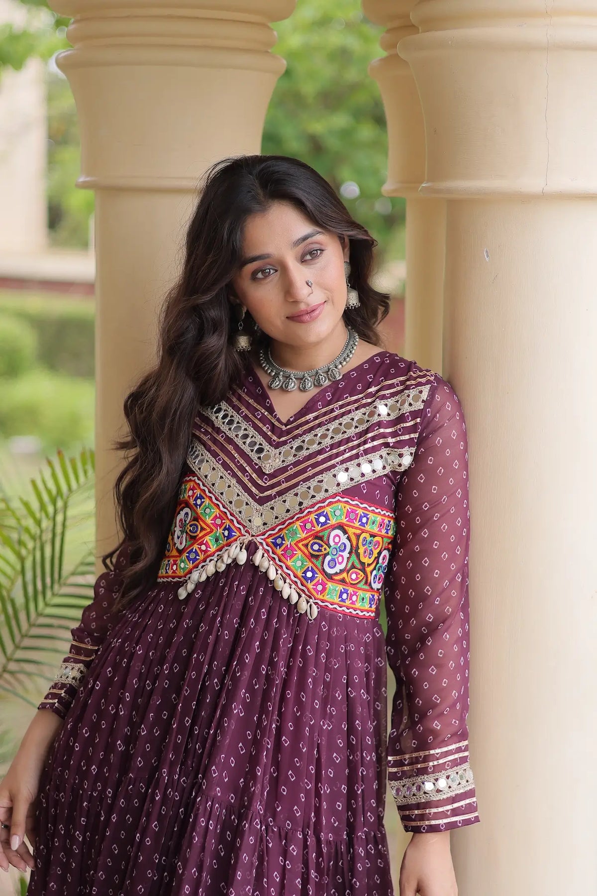 Wine Navratri Gown With Bandhani Print & Gamthi Patch Work