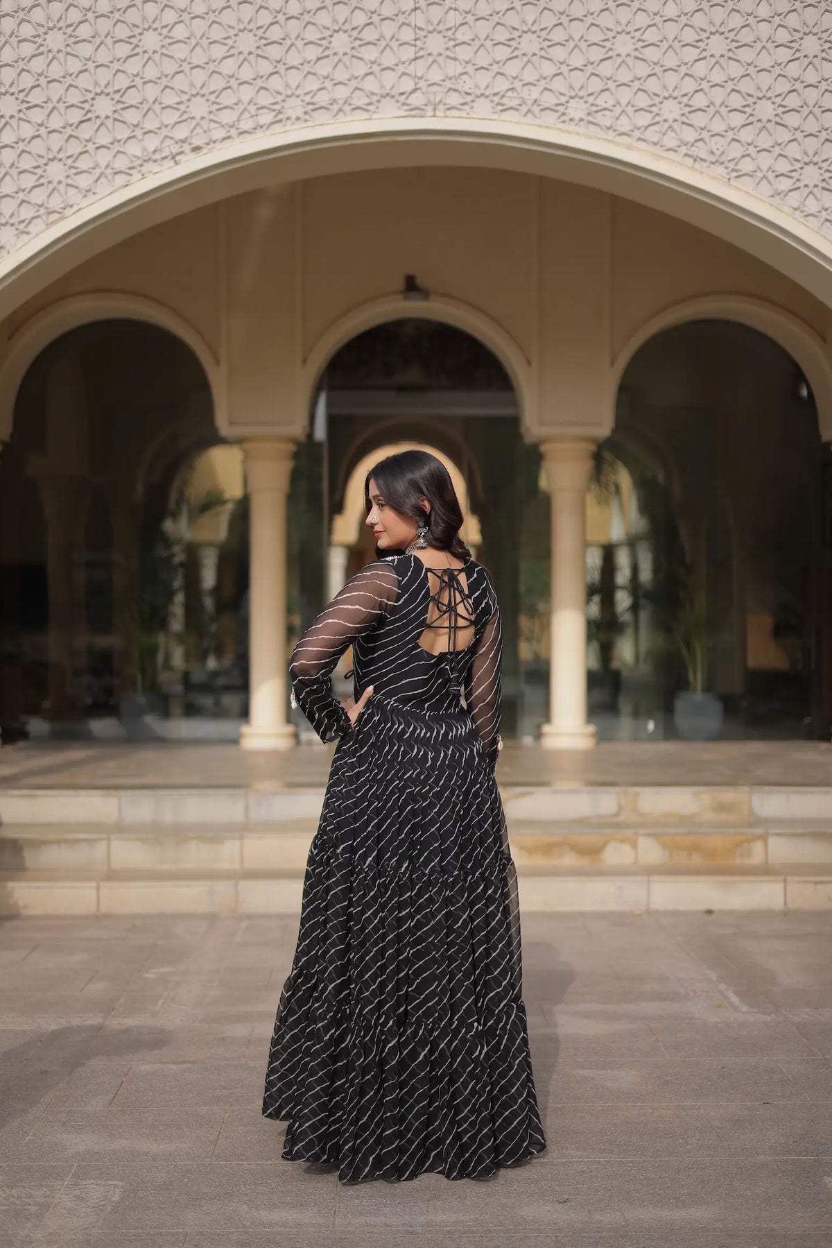 Black Navratri Gown With Print & Gamthi Patch Work