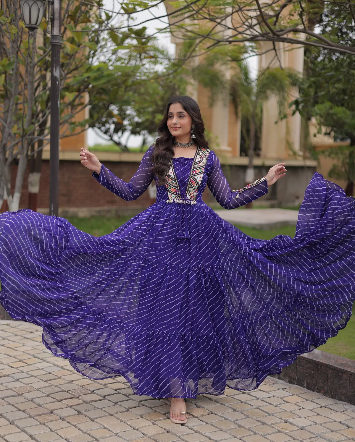 Blue Navratri Gown With Print & Gamthi Patch Work