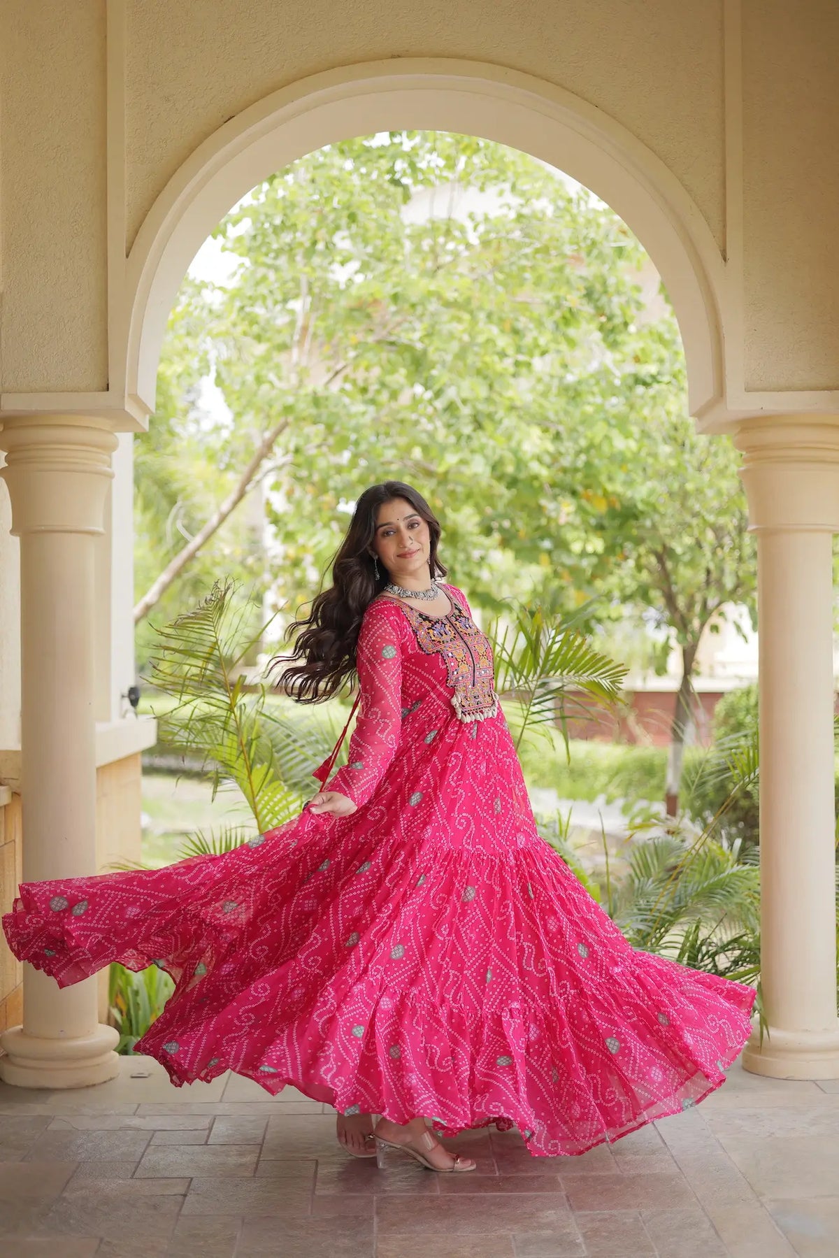 Pink Gamthi Work & Printed Navratri Gown