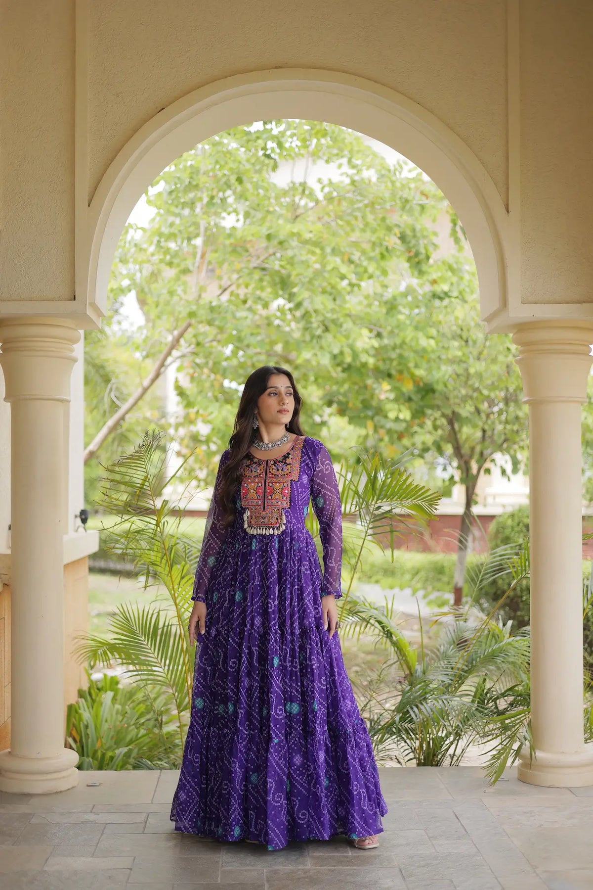Purple Gamthi Work & Printed Navratri Gown