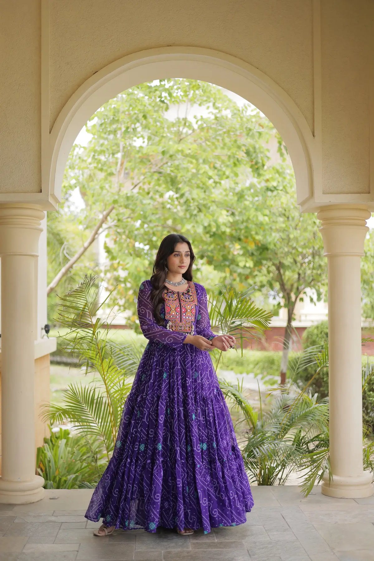 Purple Gamthi Work & Printed Navratri Gown