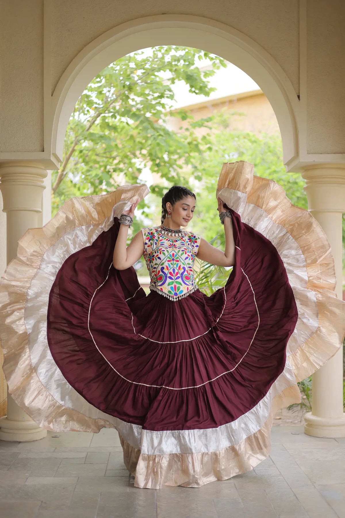 Brown Garba Chaniya Choli With Kutchi Work Blouse
