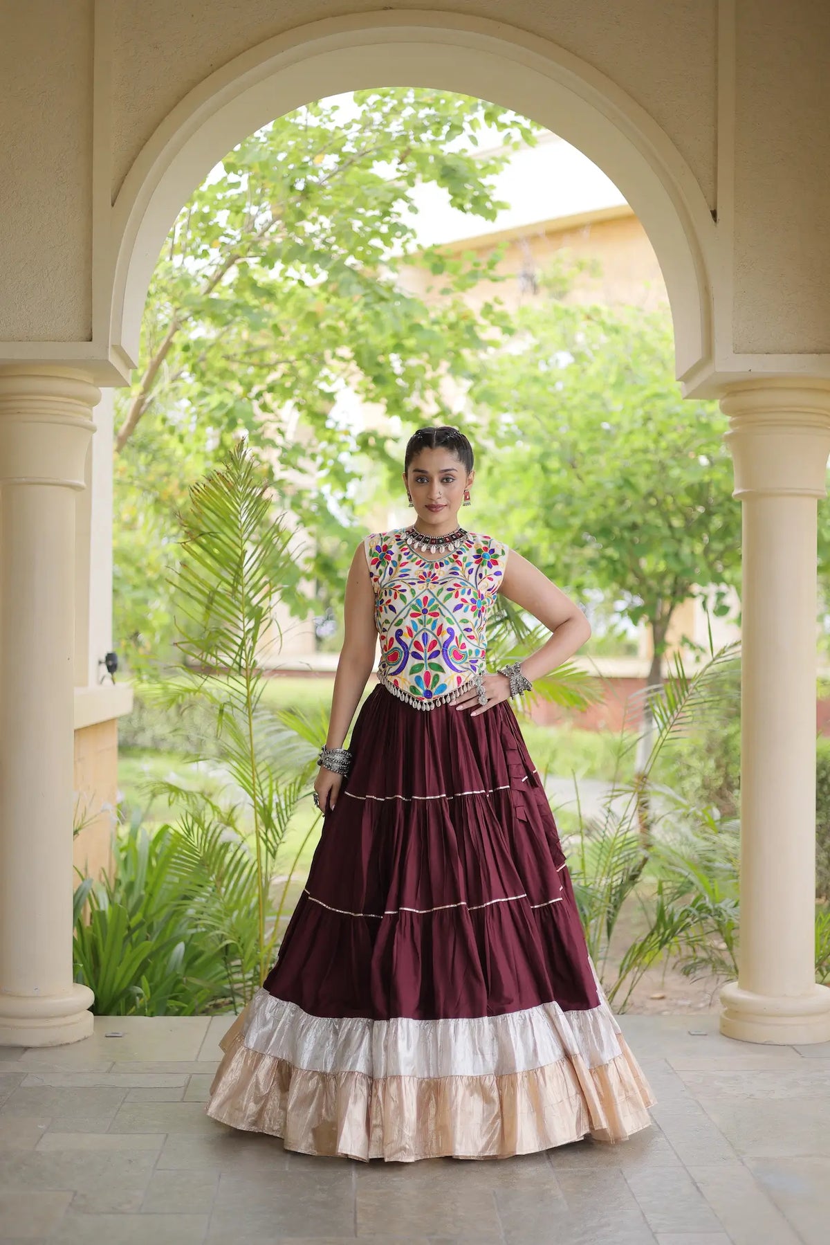 Brown Garba Chaniya Choli With Kutchi Work Blouse