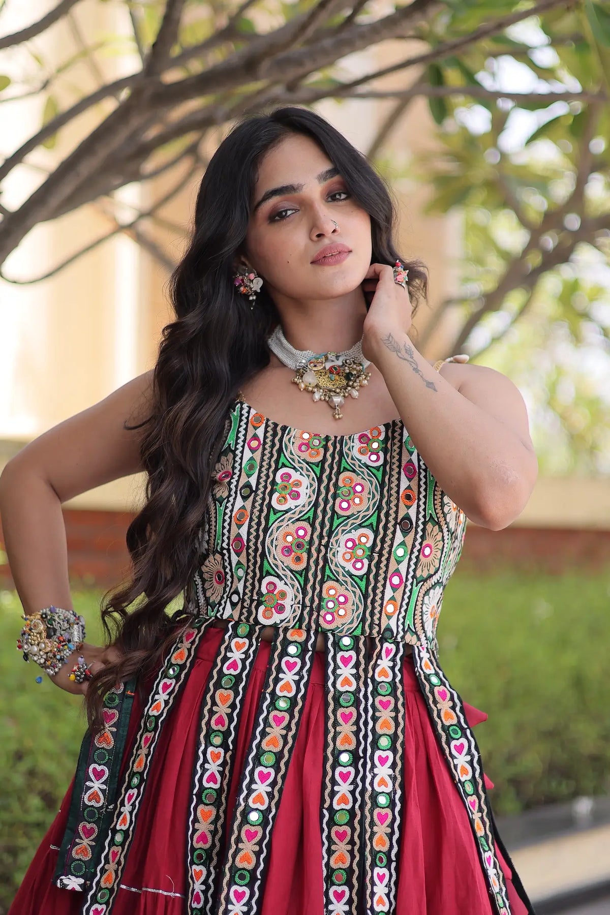 12 Meter Flair | Maroon Kutchi Patch Work Garba Chaniya Choli