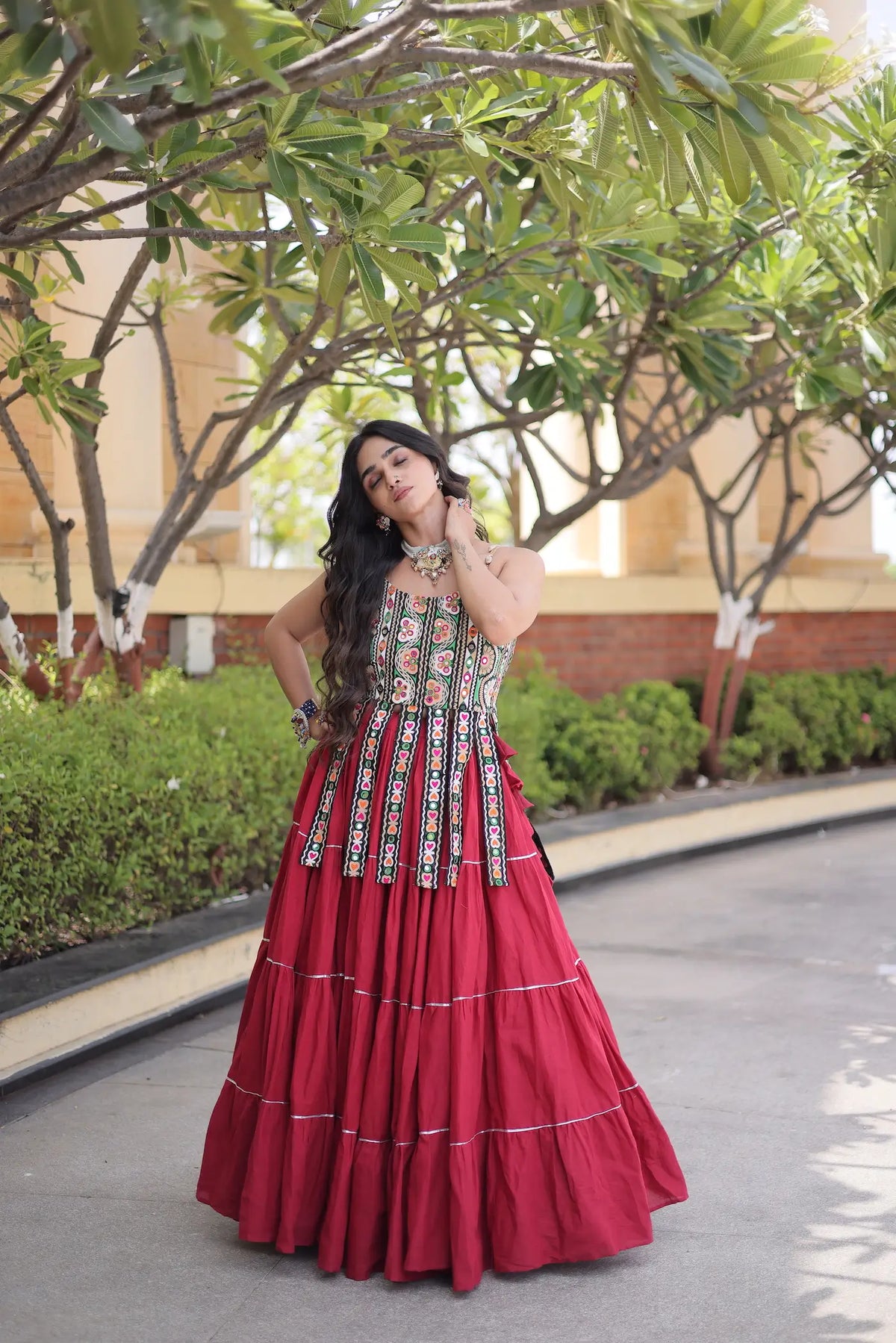 12 Meter Flair | Maroon Kutchi Patch Work Garba Chaniya Choli