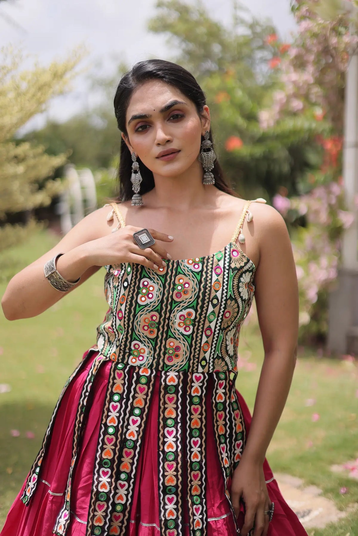 12 Meter Flair | Pink Kutchi Patch Work Garba Chaniya Choli