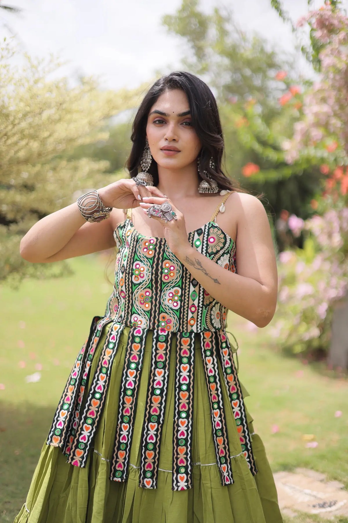 12 Meter Flair | Green Kutchi Patch Work Garba Chaniya Choli
