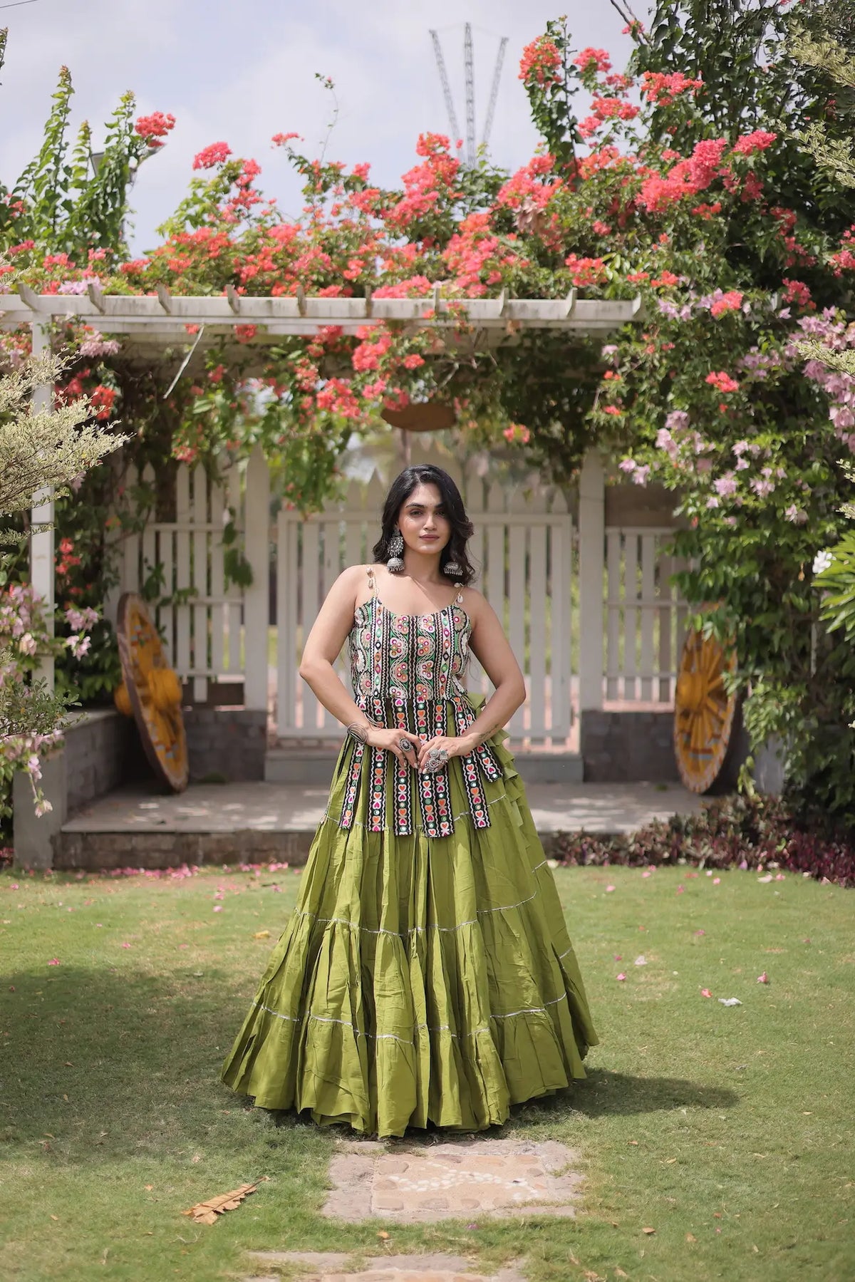 12 Meter Flair | Green Kutchi Patch Work Garba Chaniya Choli