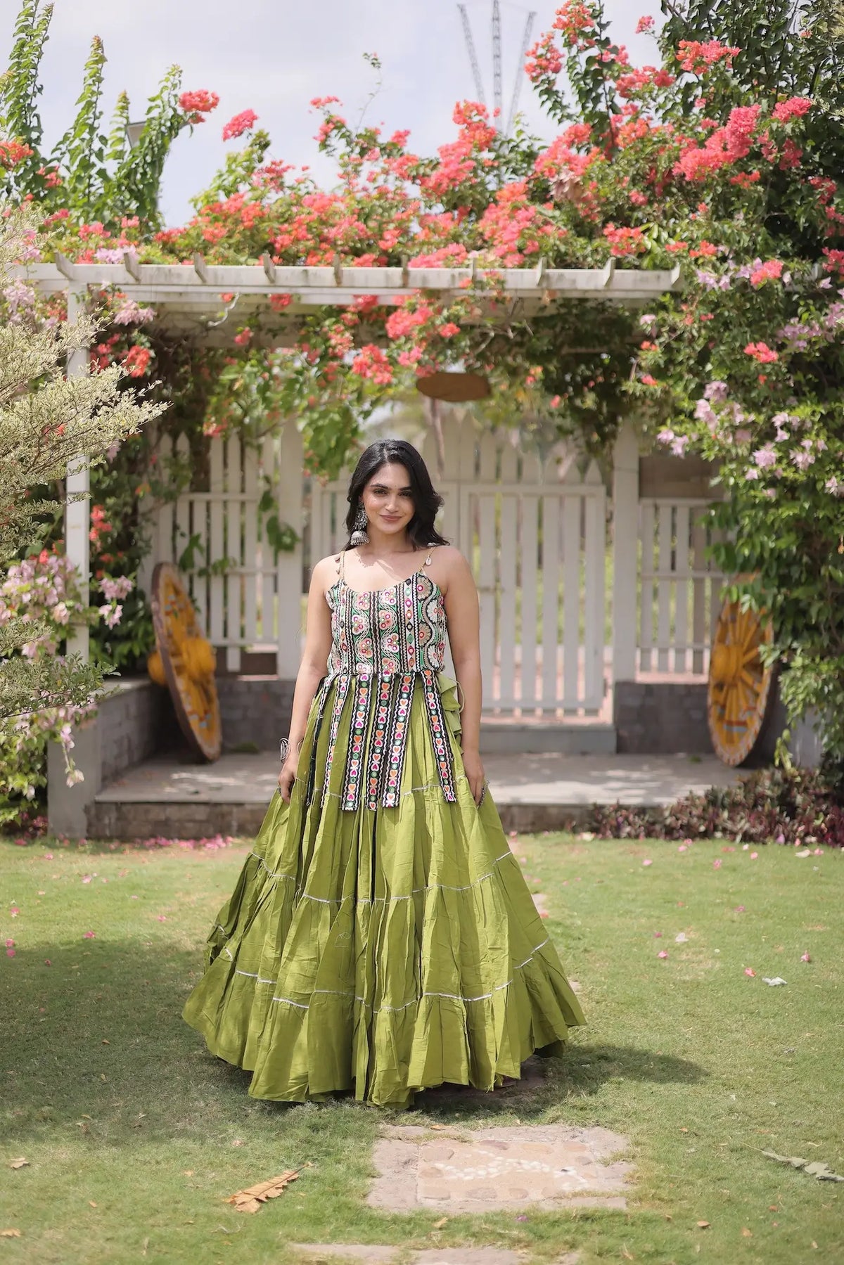 12 Meter Flair | Green Kutchi Patch Work Garba Chaniya Choli
