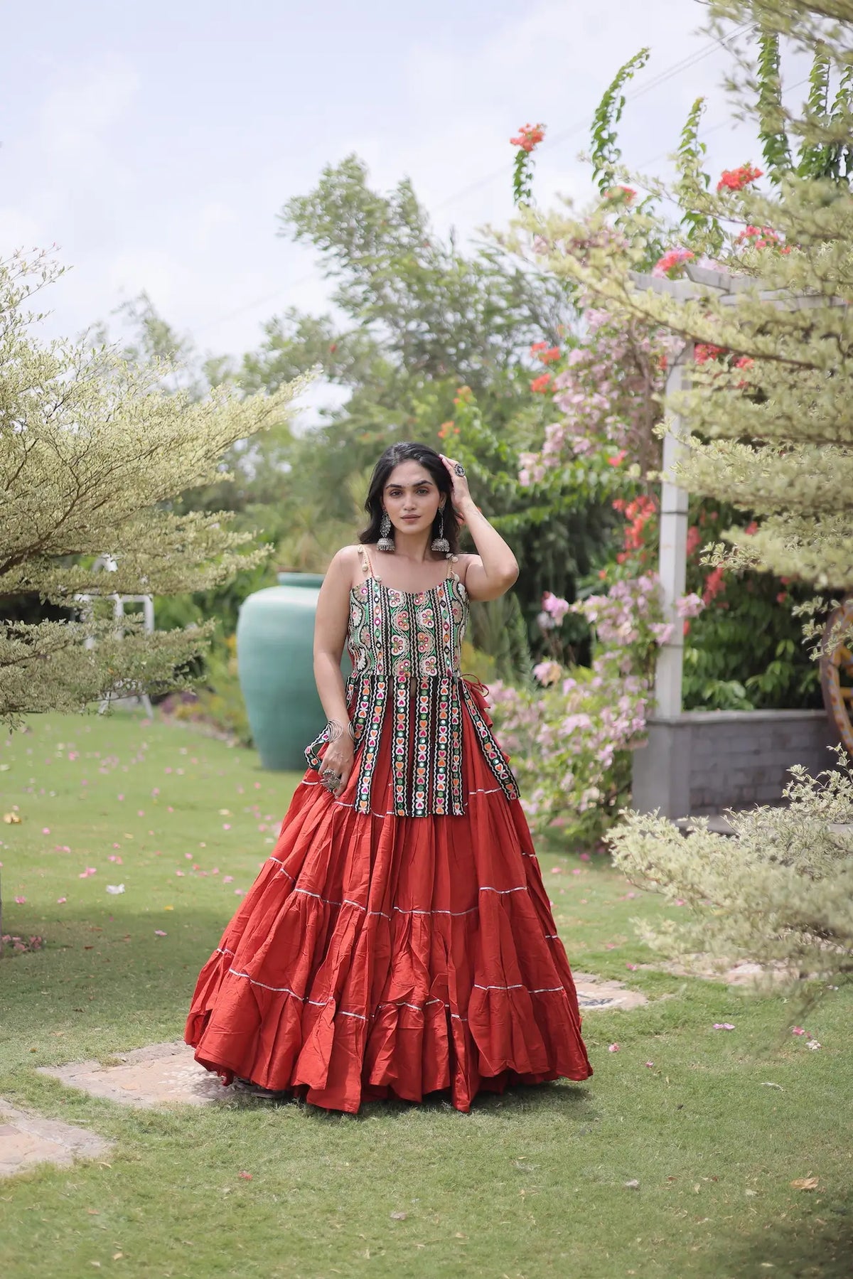 12 Meter Flair | Rust Orange Kutchi Patch Work Garba Chaniya Choli