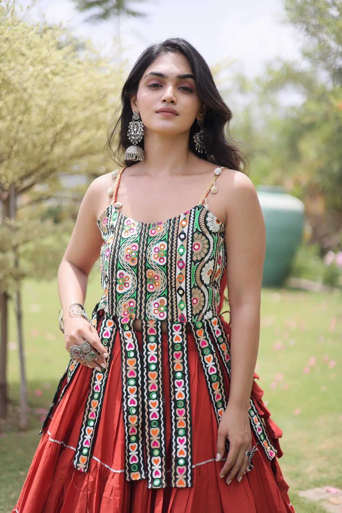12 Meter Flair | Rust Orange Kutchi Patch Work Garba Chaniya Choli