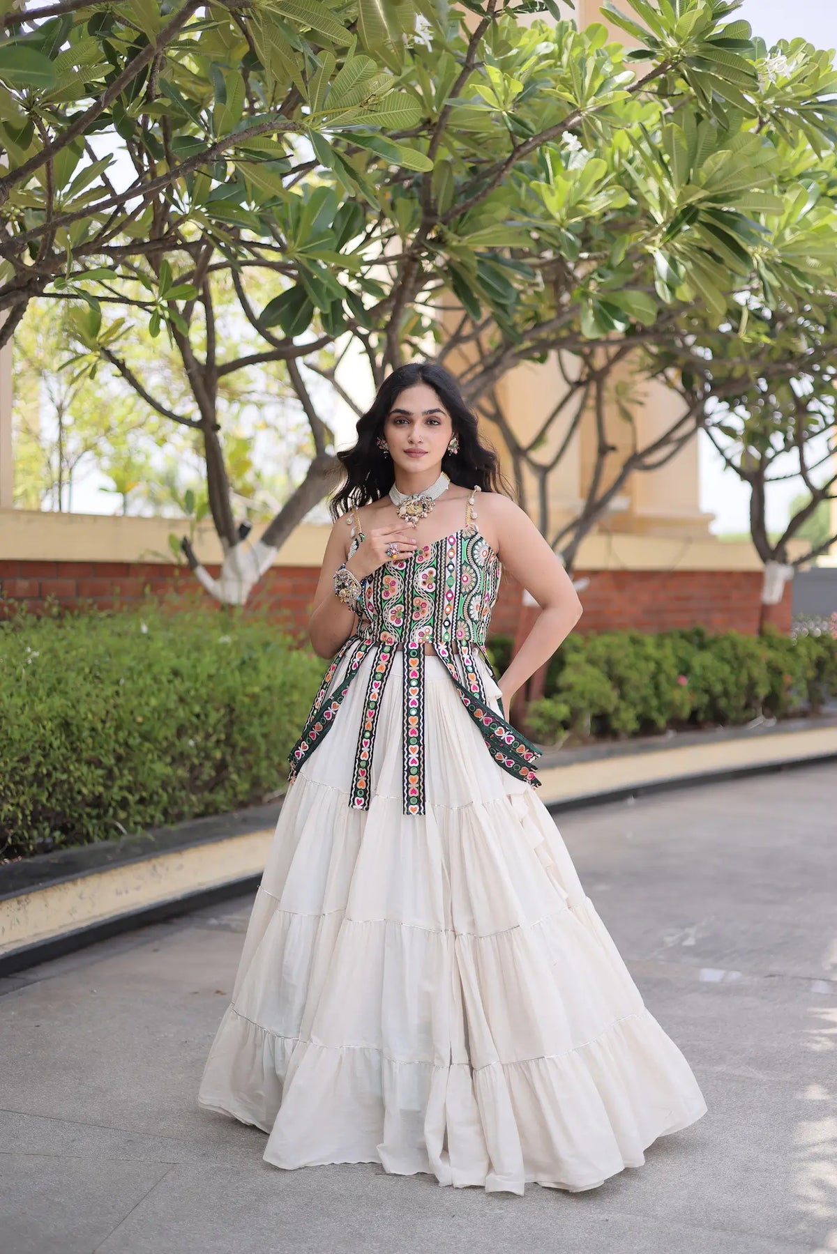 12 Meter Flair | White Kutchi Patch Work Garba Chaniya Choli
