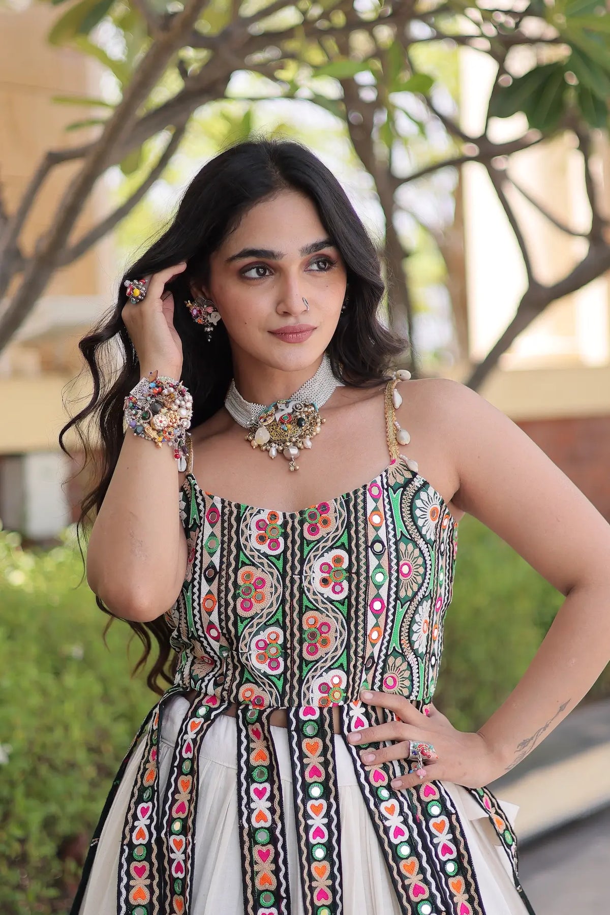 12 Meter Flair | White Kutchi Patch Work Garba Chaniya Choli