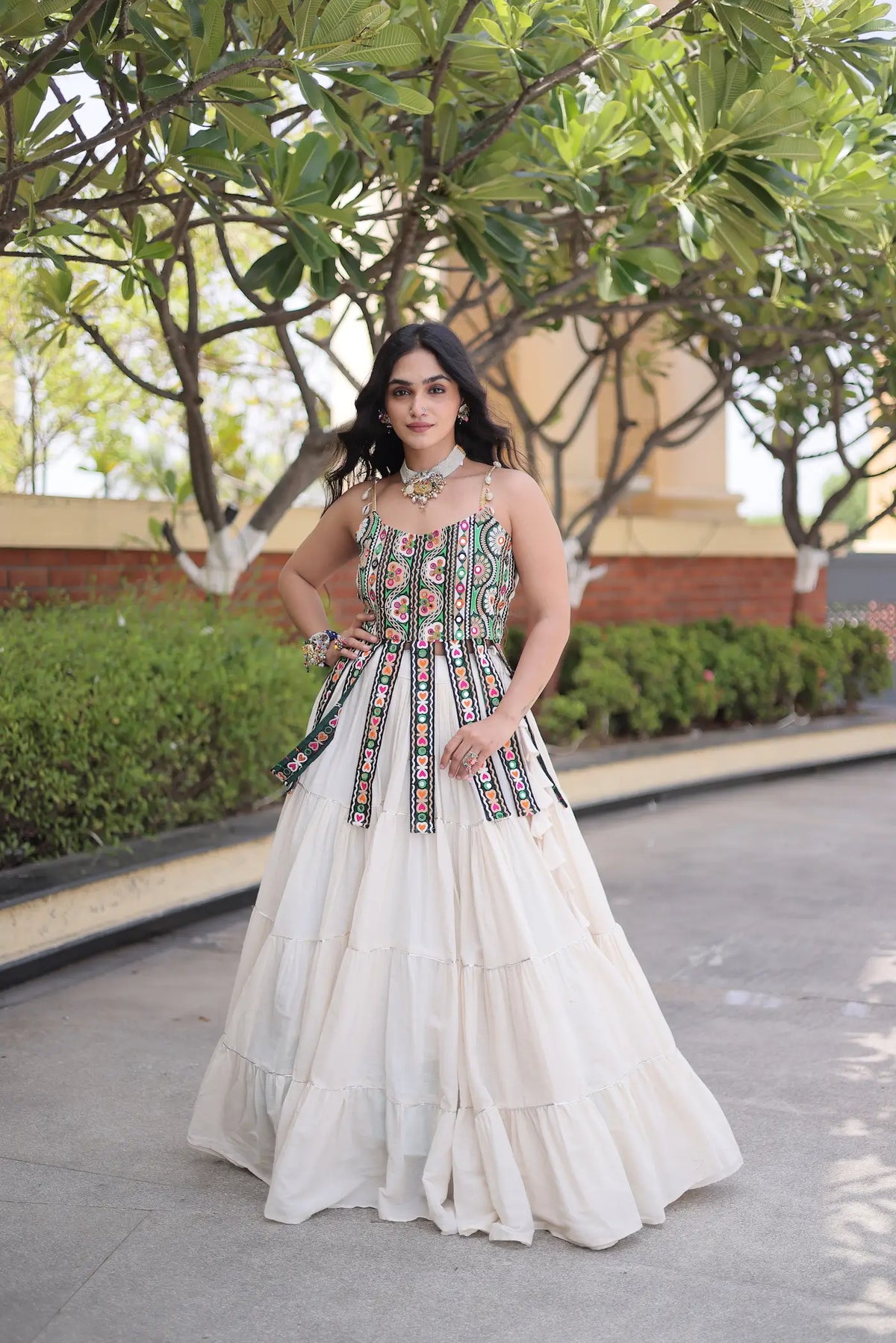 12 Meter Flair | White Kutchi Patch Work Garba Chaniya Choli