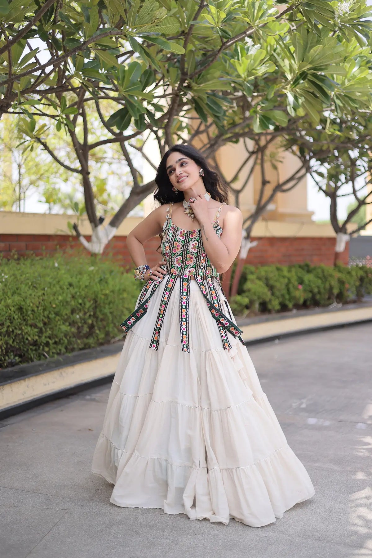12 Meter Flair | White Kutchi Patch Work Garba Chaniya Choli